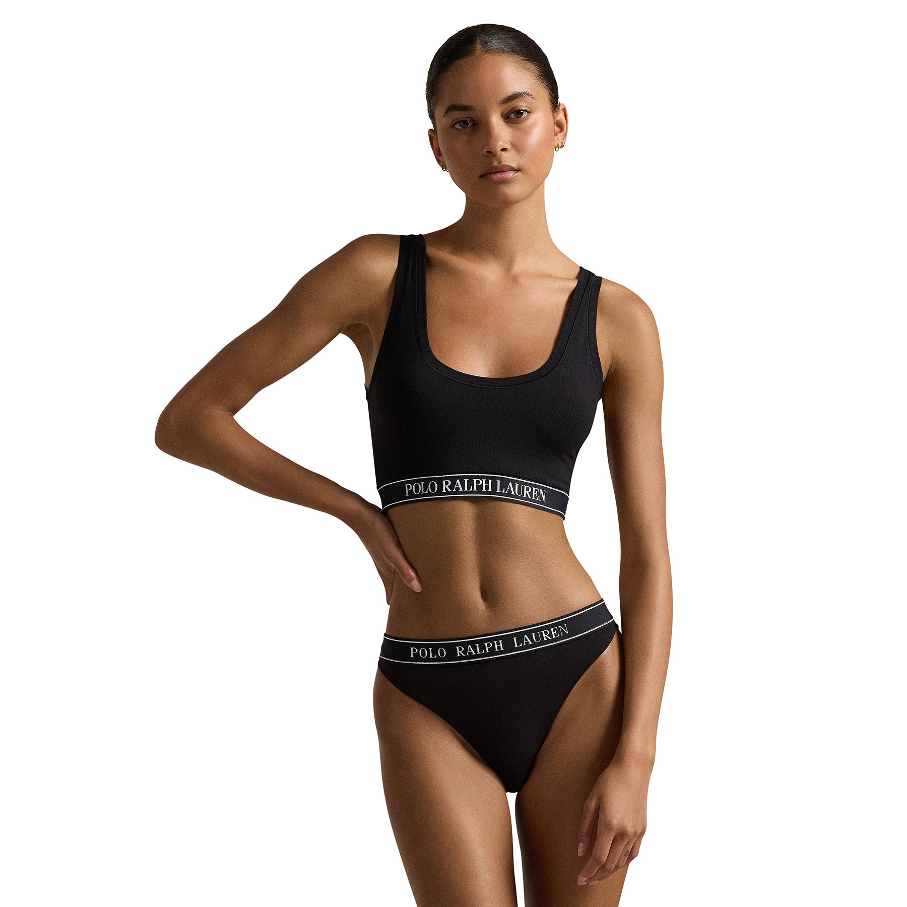 Polo Ralph Lauren onyx 004 black bikini panty with logo elastic waistband shown with matching scoop cropped tank.