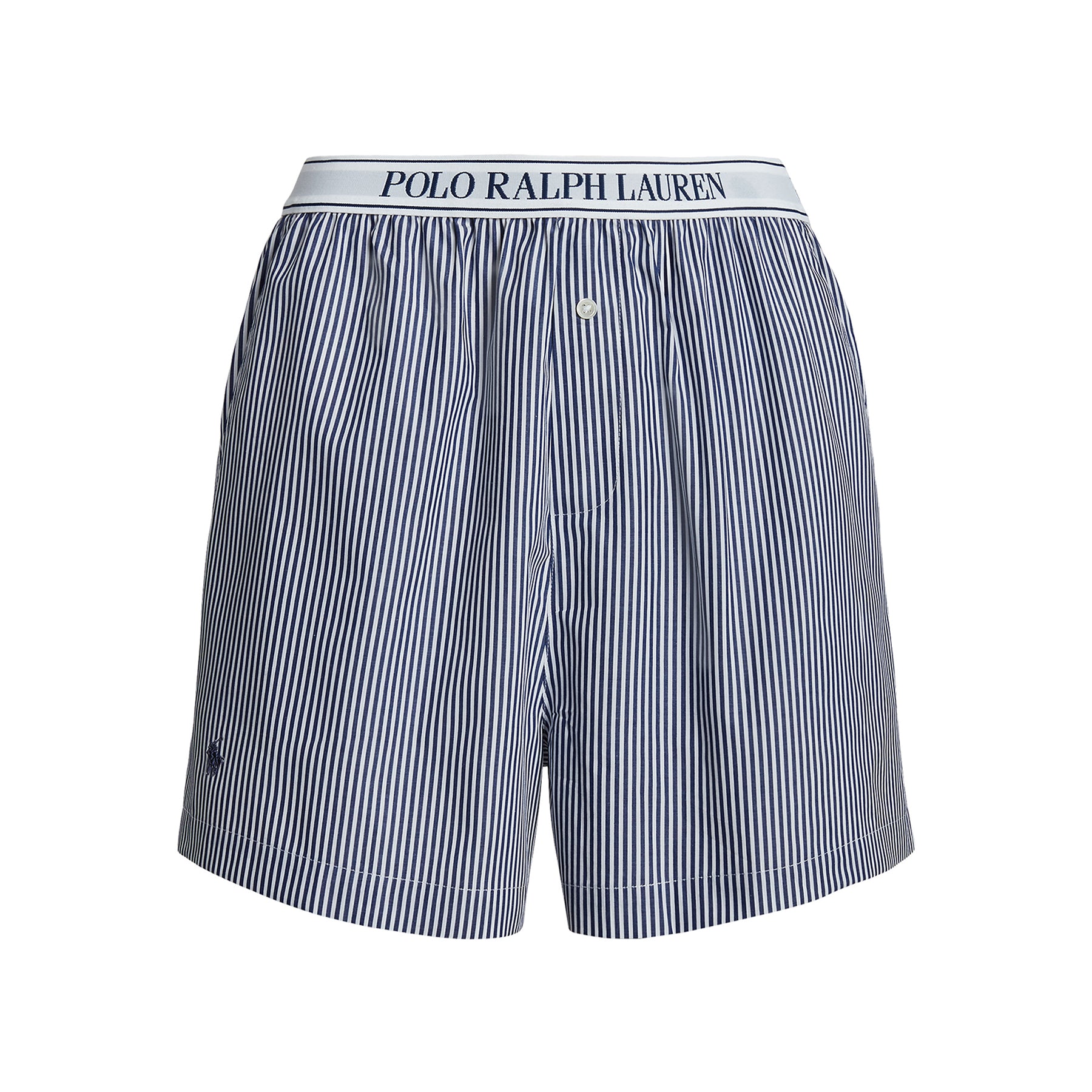 Polo Ralph Lauren Beacon Blue Stripe Sleep Boxer with logo waistband, flat lay front view
