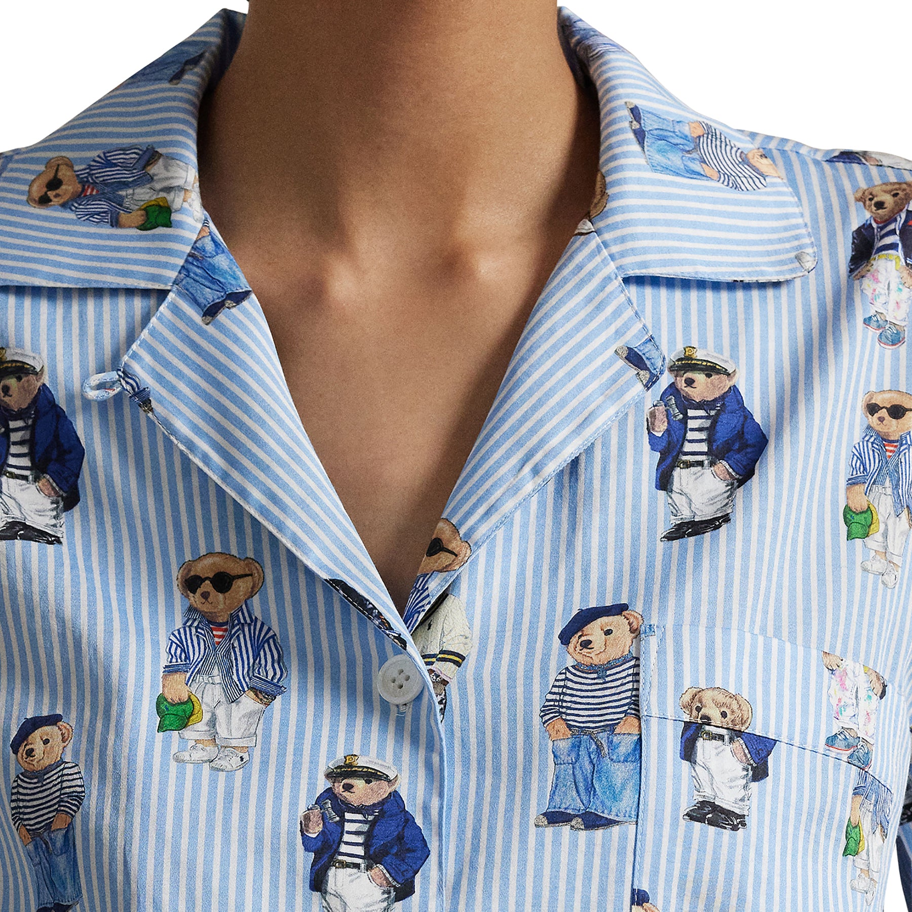 Collar detail of Polo Ralph Lauren women's blue striped pyjama shirt with Polo Bear print