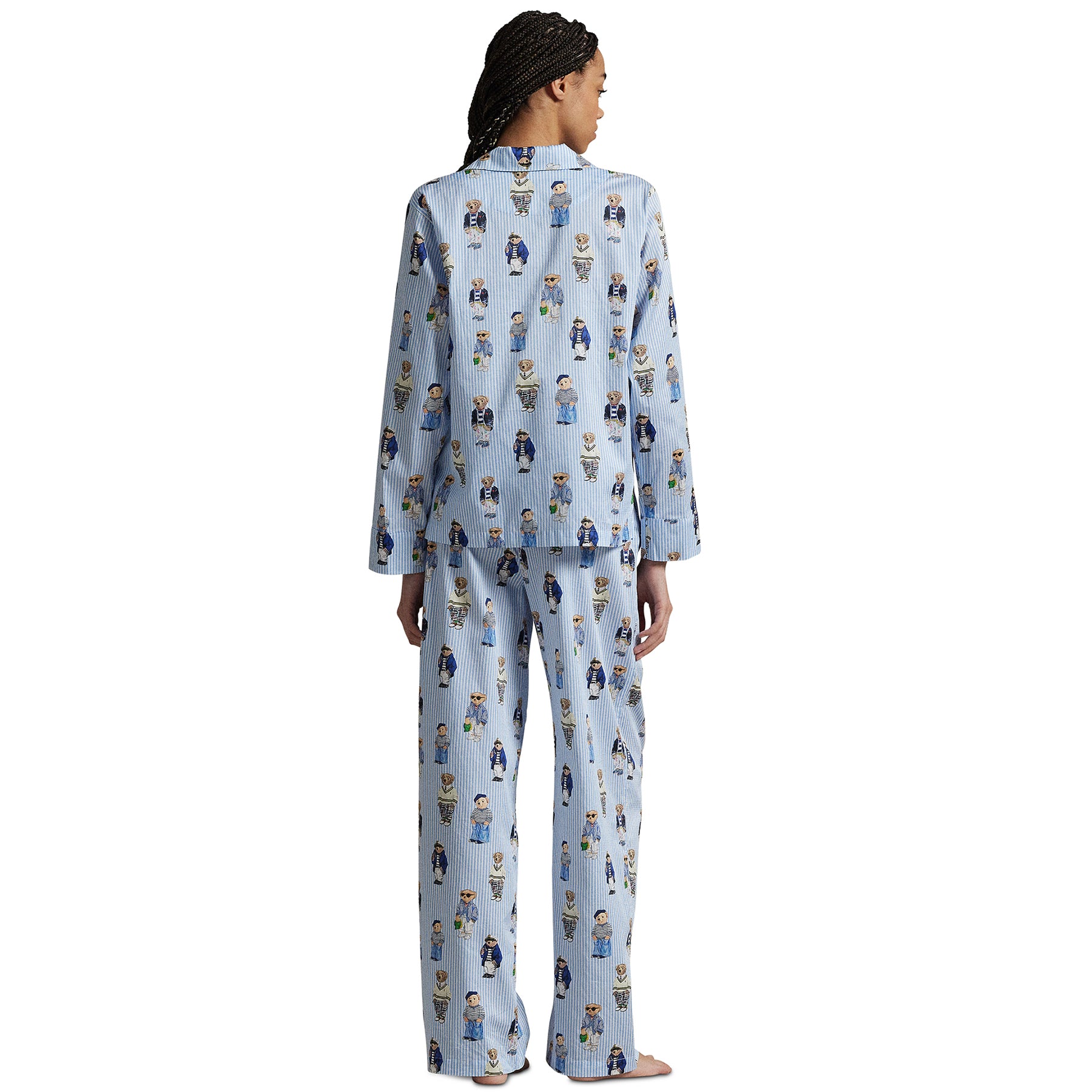Polo Ralph Lauren women's full-length blue striped pyjama set with Polo Bear print, back view on model