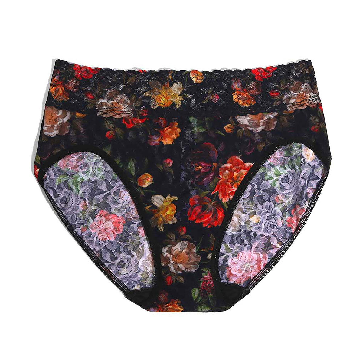 High-rise brief in Moonlit print featuring a dark floral design and lace-trimmed waistband, front product view.