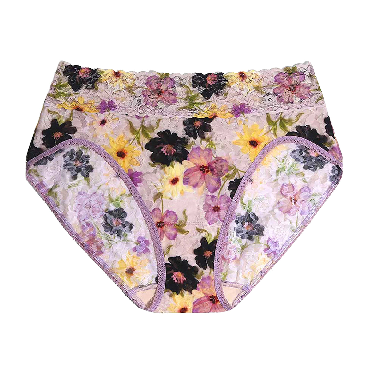 Floral lace high-waist brief with a multicolour flower print in lavender, yellow, black and green on a soft blush background.