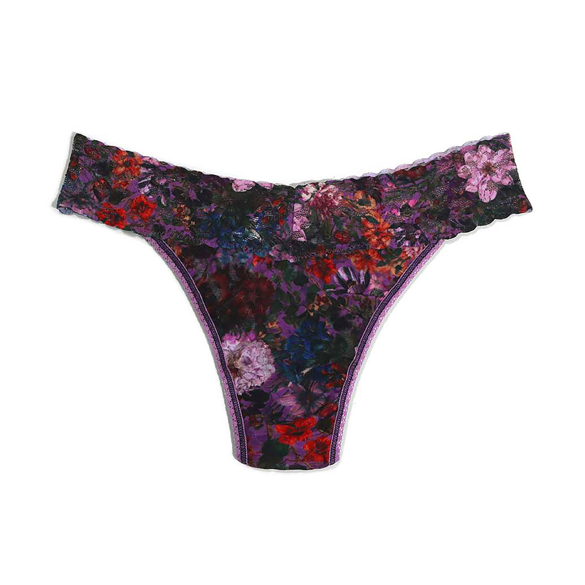 Hanky Panky Original Rise Thong in Perennial multicolour floral print, displayed flat against a white background, featuring a wide stretch lace waistband, scalloped edges and narrow thong silhouette.