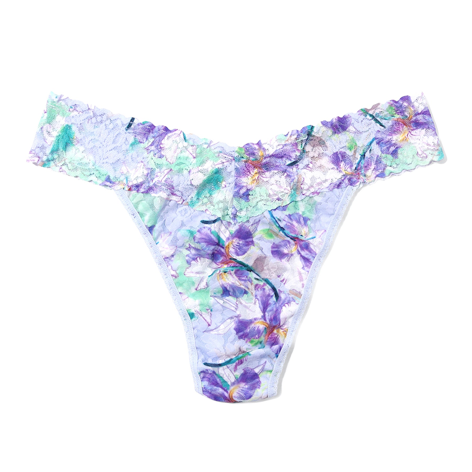Hanky Panky Printed Original Rise Thong in Plein Air, featuring a watercolor-inspired floral print in lavender, purple, and soft green hues with a signature stretch lace waistband.