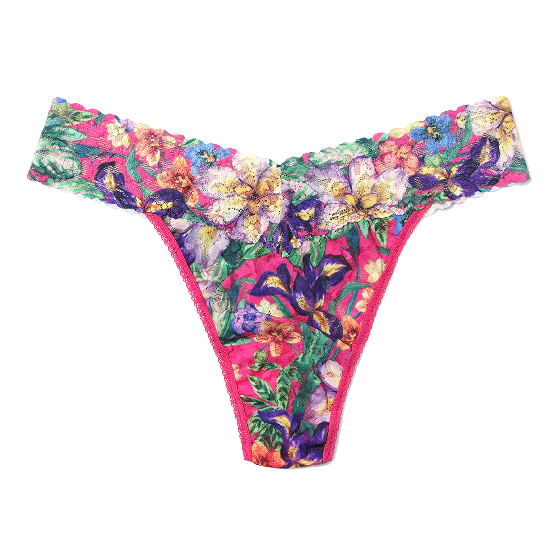 Radiant floral lace thong PR4811 featuring a vibrant pink background with colourful iris and blossom print, soft stretch lace waistband, and a flattering low-rise silhouette.