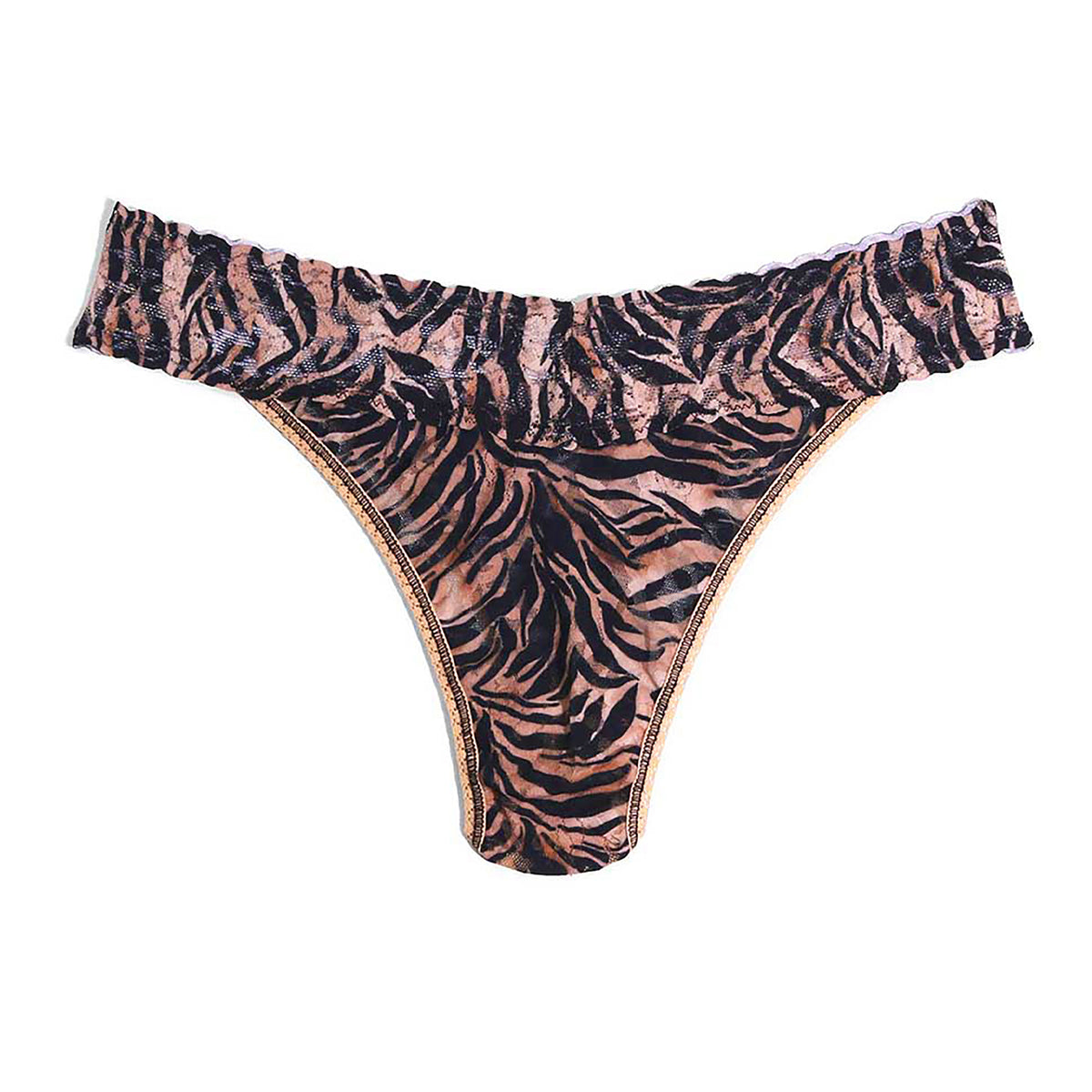 Wild Thing regular rise thong in blush pink and black zebra print with lace waistband, front product view.