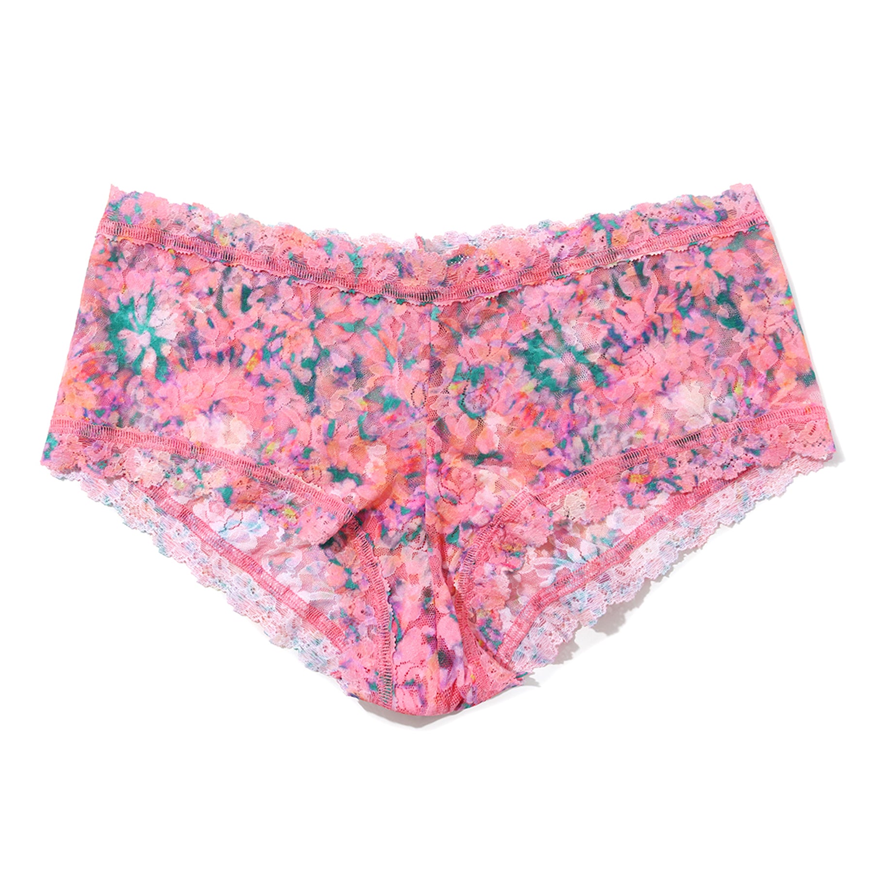 Hanky Panky Printed Boyshort in Blushing Blooms with watercolor-inspired pink floral print, crafted from signature stretch lace with a flattering, seamless silhouette.