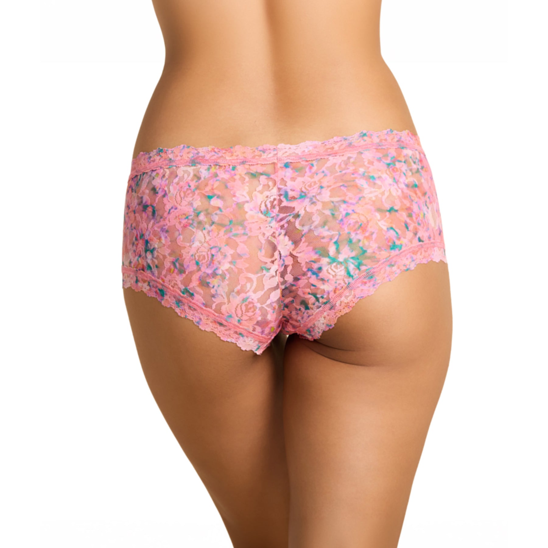Hanky Panky Printed Boyshort in Blushing Blooms showcasing full lace coverage, delicate scalloped edges, and a smooth, no-show finish under clothing.