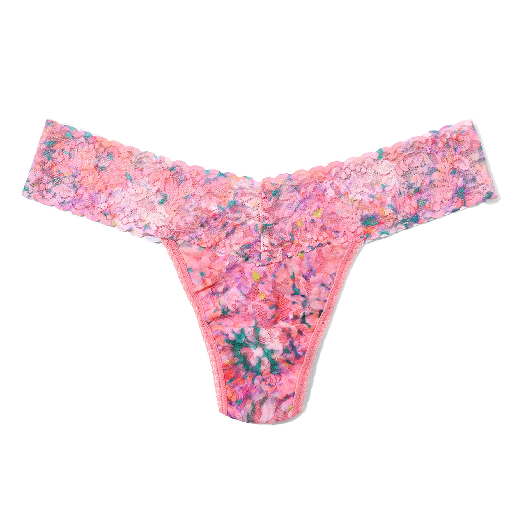 Hanky Panky Printed Low Rise Thong in Blushing Blooms with a colorful floral print, soft lace trim, and comfortable stretch fit.