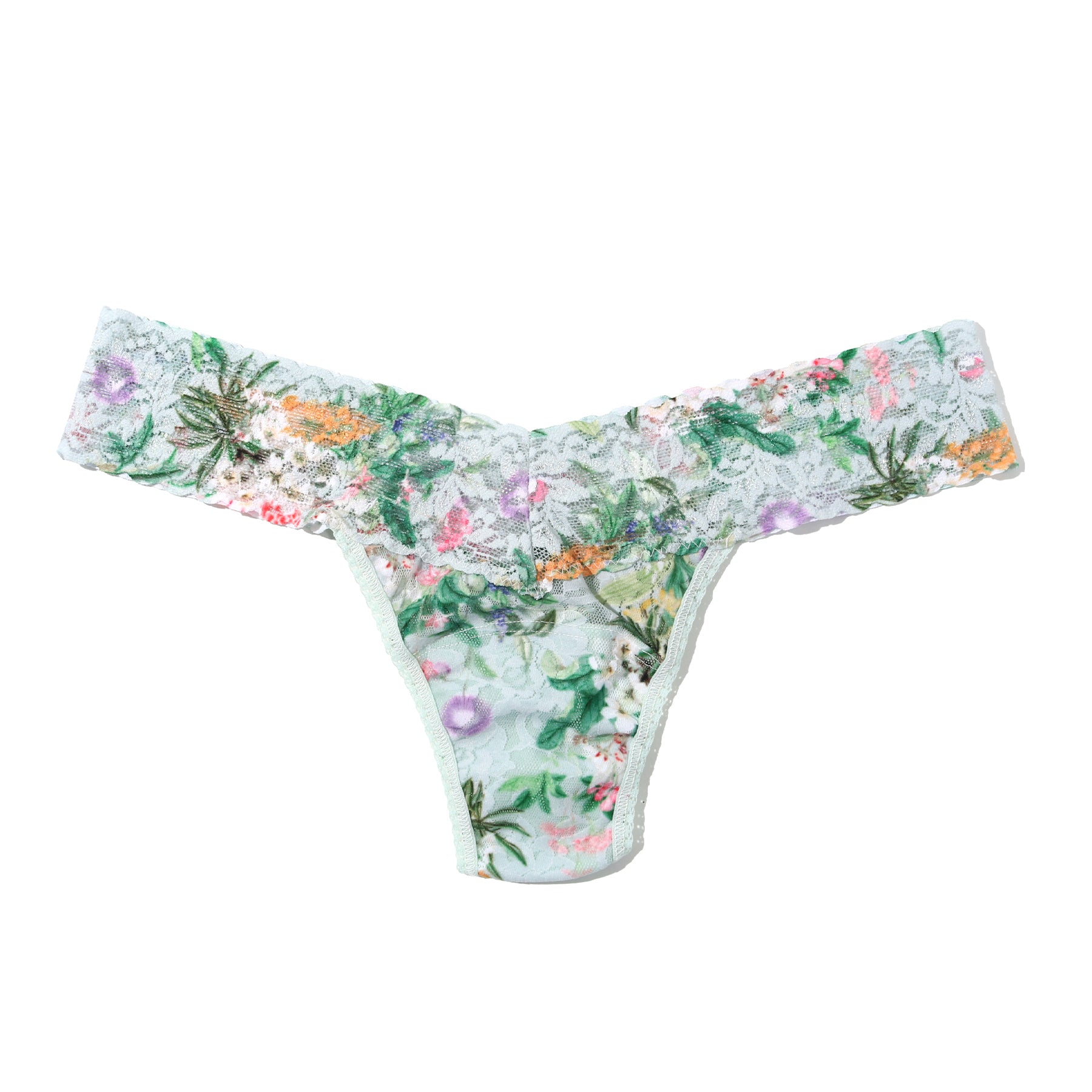 Flat lay of a floral lace thong featuring a soft scalloped waistband and a pastel botanical print.