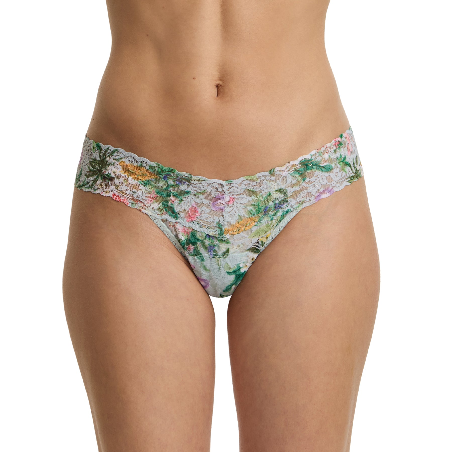 Front view of a floral lace thong with semi-sheer lace and a delicate multicolour floral pattern.
