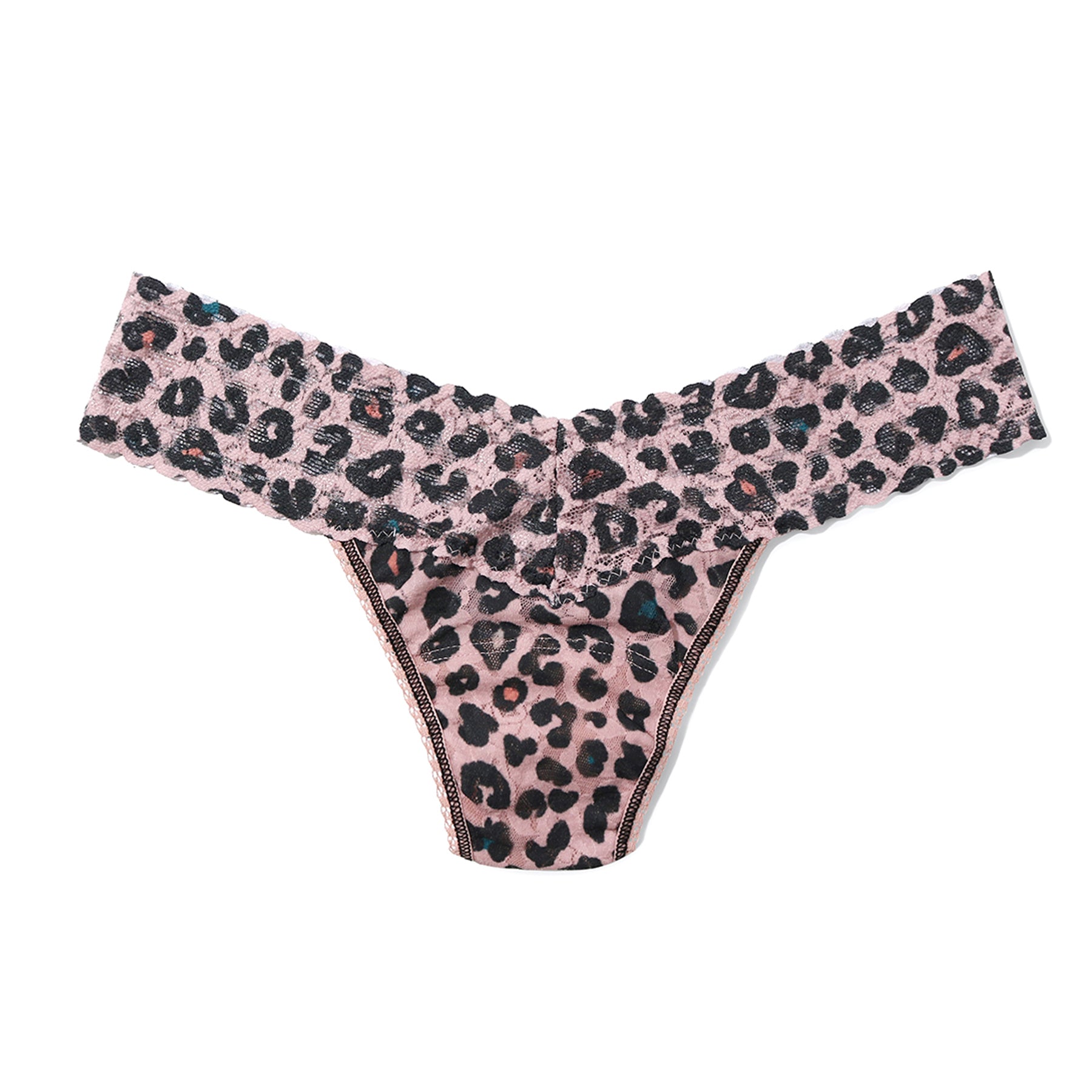 Lucky Leopard lace thong PR4911 featuring a soft blush pink leopard print, scalloped stretch lace waistband, and a low-rise silhouette with minimal coverage for everyday comfort.