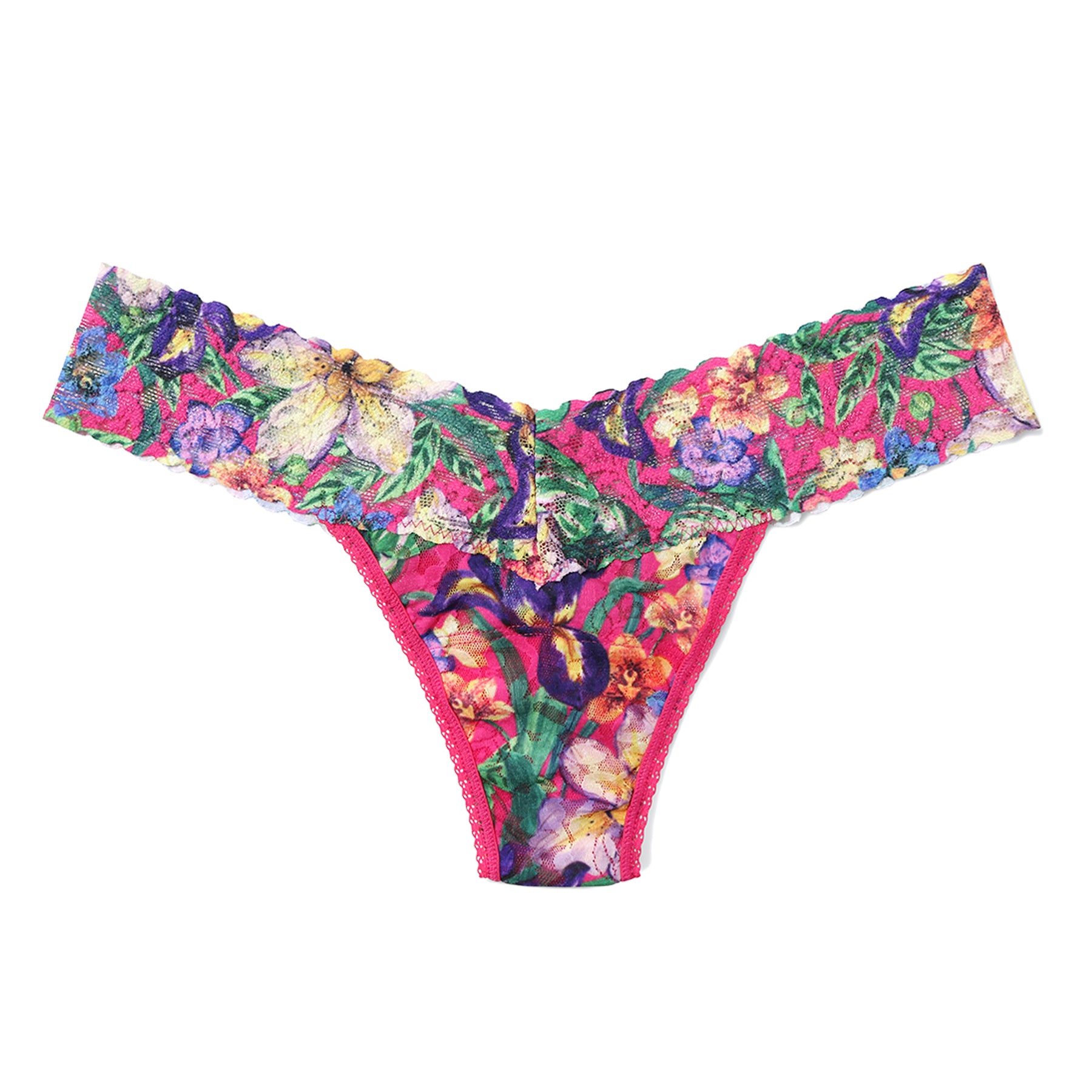 Radiant floral thong PR4911 featuring a vibrant pink background with colourful iris and botanical print, scalloped stretch lace waistband, and a flattering low-rise silhouette with minimal coverage.