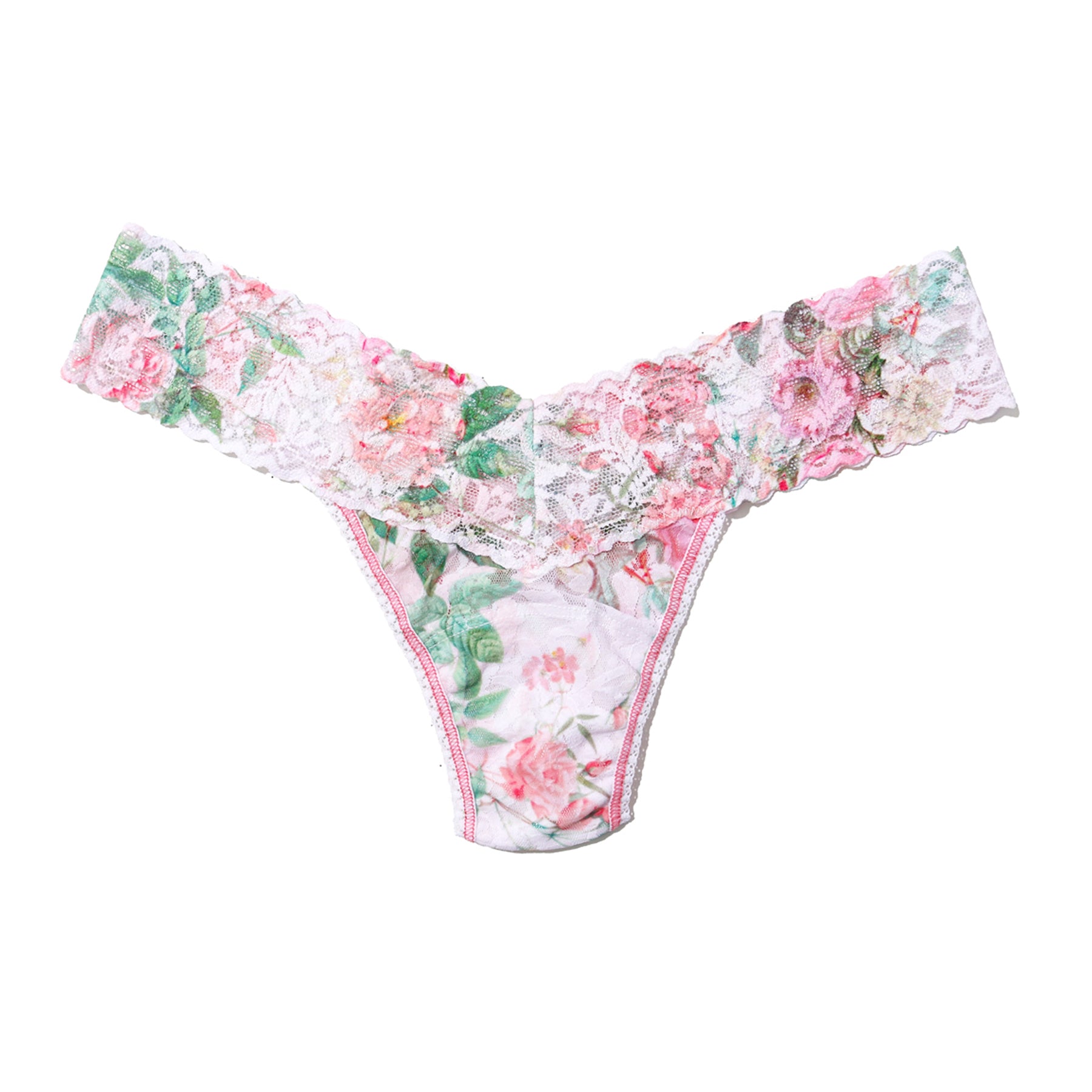 Flat lay of floral lace thong in white with pink rose print, delicate lace trim and lightweight stretch fabric