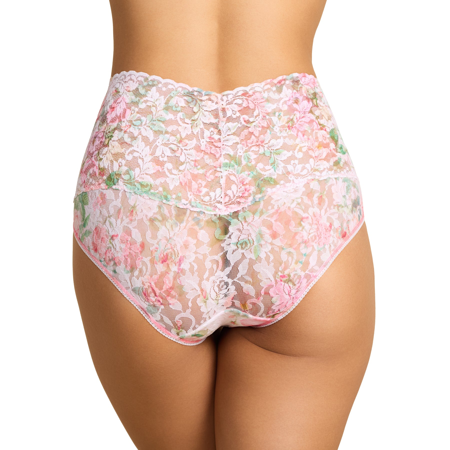 Back view of floral lace full brief featuring romantic pastel blooms, scalloped lace waistband, and semi-sheer coverage.