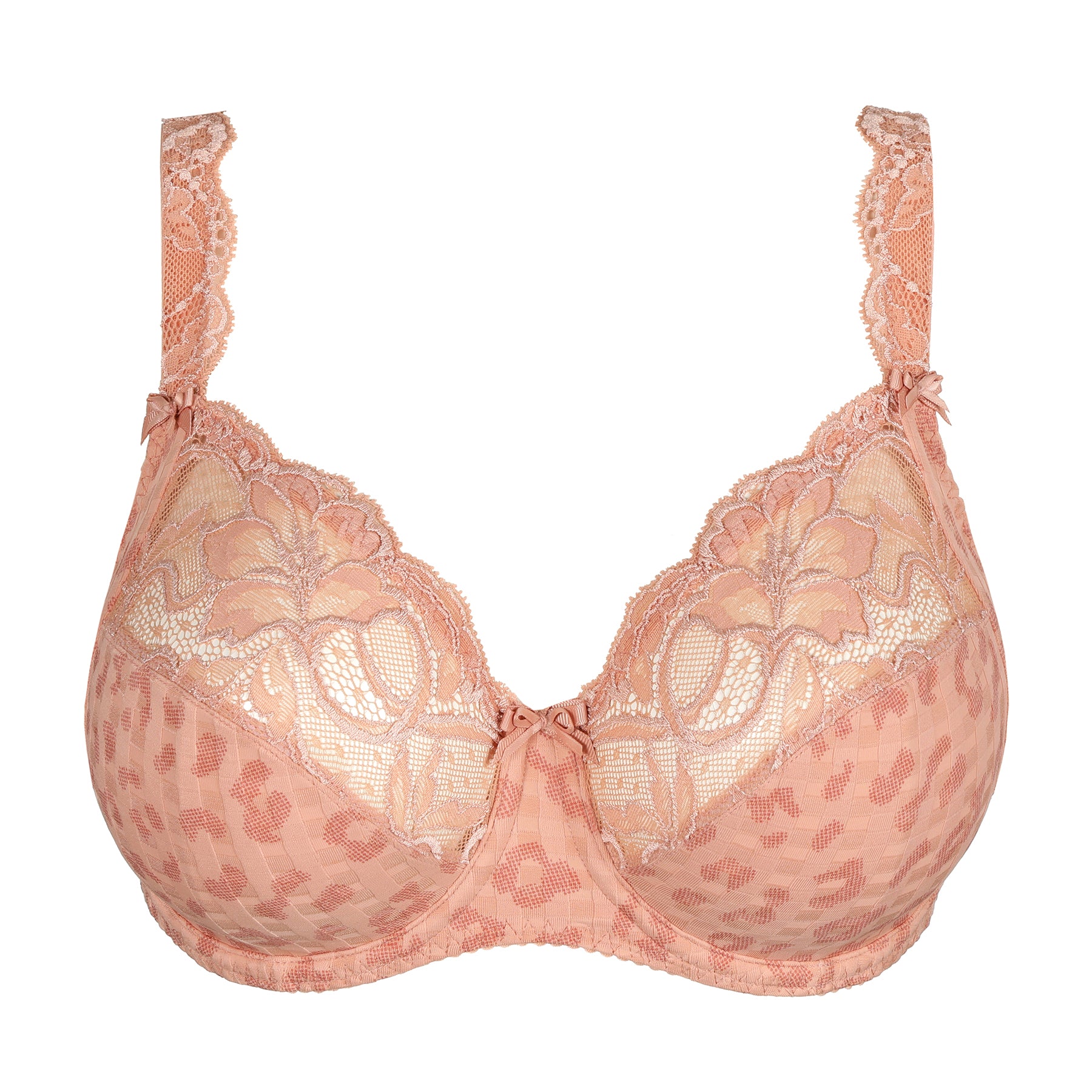 Full cup bra in sweet dust: a tonal leopard print on a dusty rose background. Front view, without model.