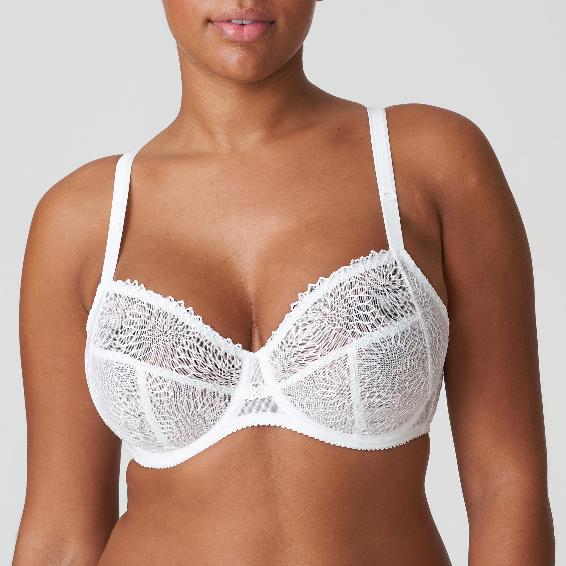 PrimaDonna Sophora full cup bra in White, front view without decorative straps, featuring floral lace embroidery and underwire support.