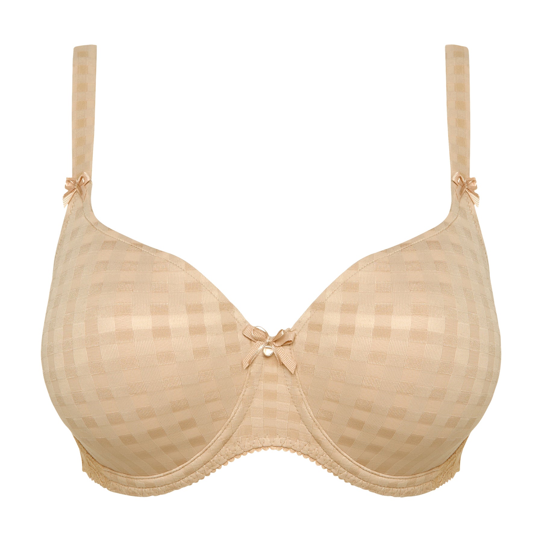 PrimaDonna Madison padded heart bra in caffe latte showing smooth checked moulded cups, feminine bows, and supportive underwire fit.
