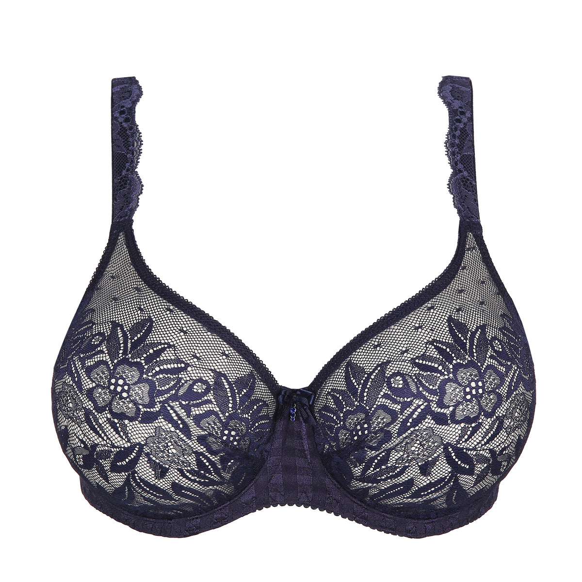 PrimaDonna 0262127 Madison seamless full cup underwired bra without lining. Sheer, embroidered lace cups in navy velvet blue. Front view flat lay without model. 