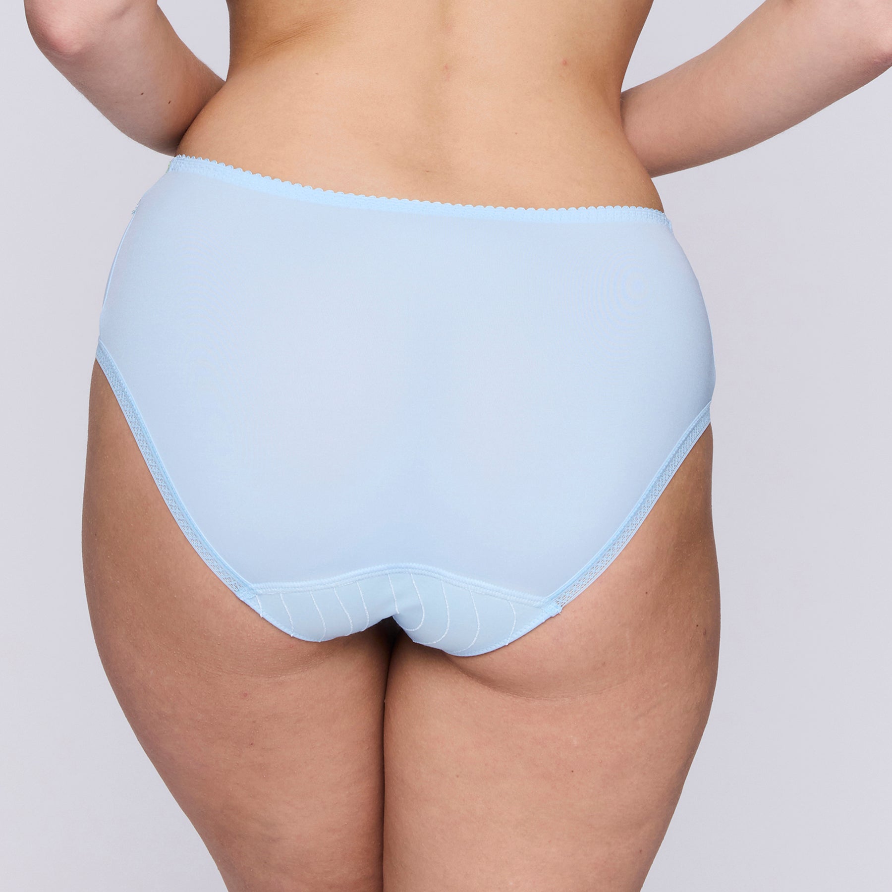 Full brief in milky baby blue with contrast lime green embroidery at hips. Rear view on model.