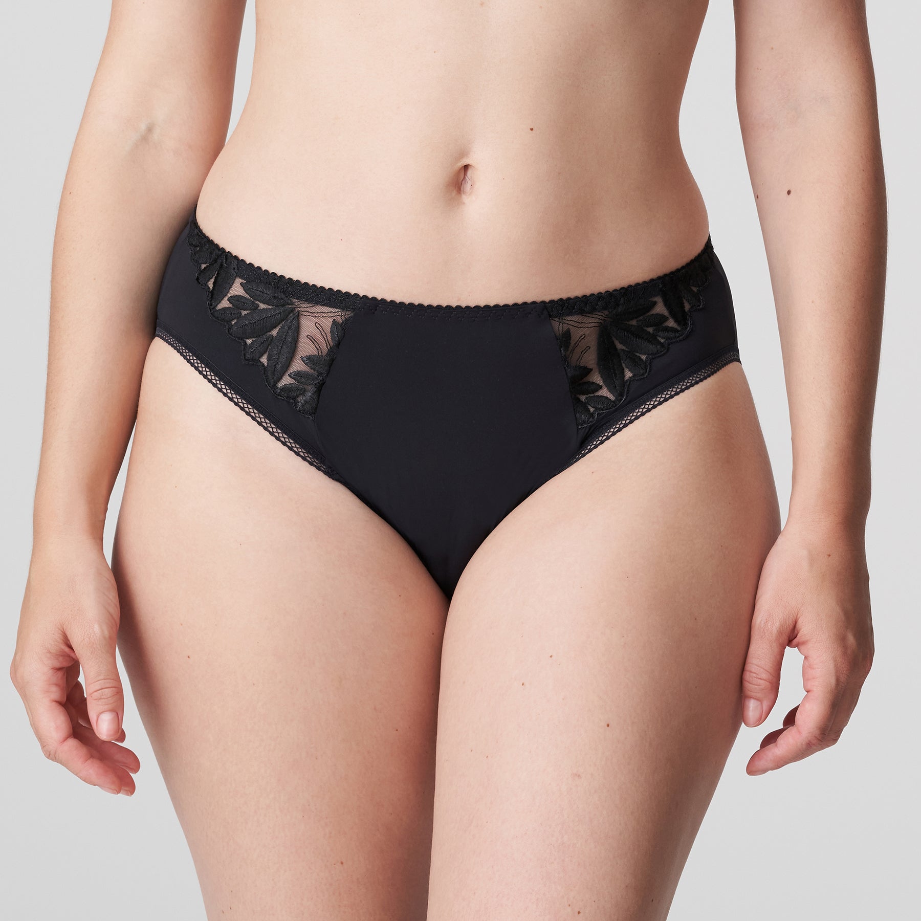 PrimaDonna Orlando bikini brief in charcoal grey with embroidery details at hips. Front view on model.