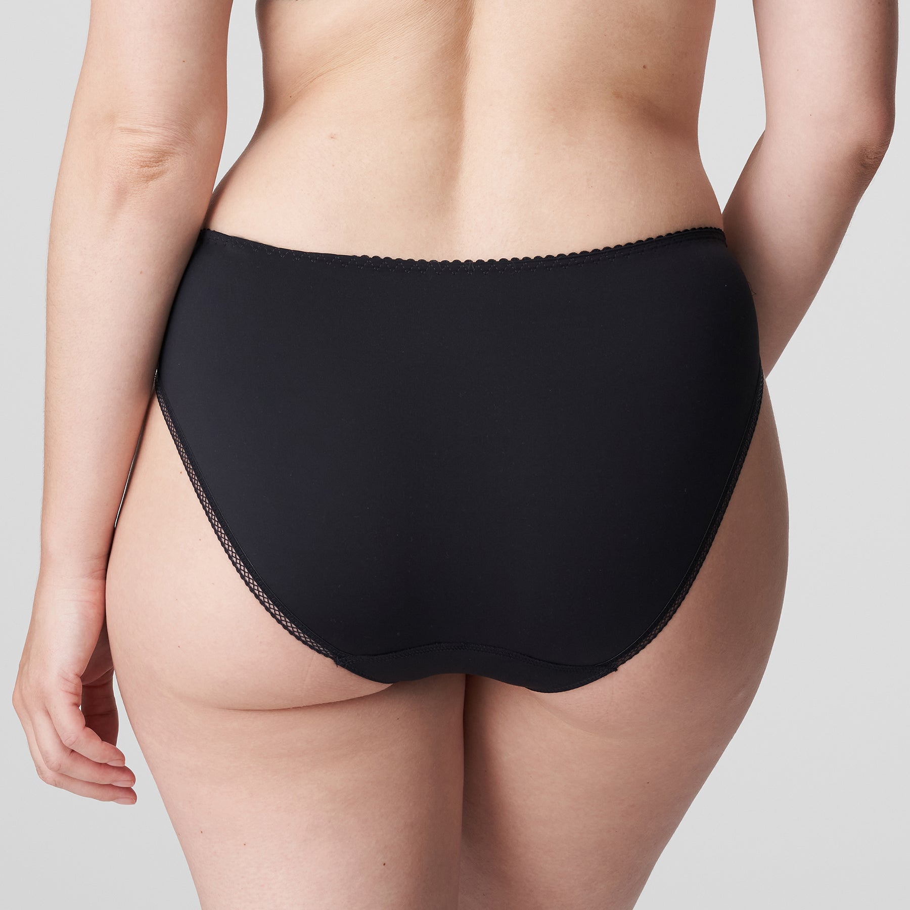 PrimaDonna Orlando bikini brief in charcoal grey with embroidery details at hips. Rear view on model.