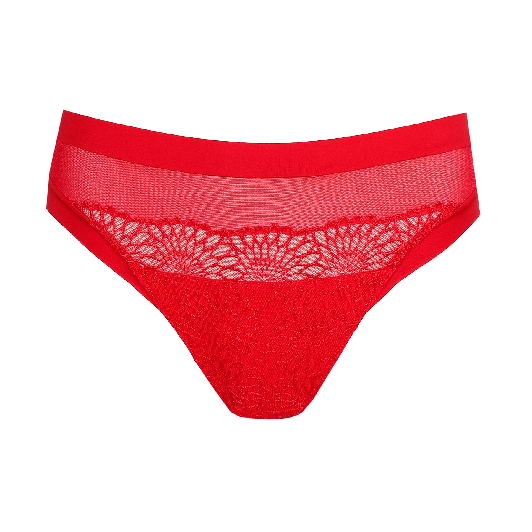PrimaDonna Sophora Rio bikini style 056-3180 in true red with floral lace embroidery and smooth waistband, front view.