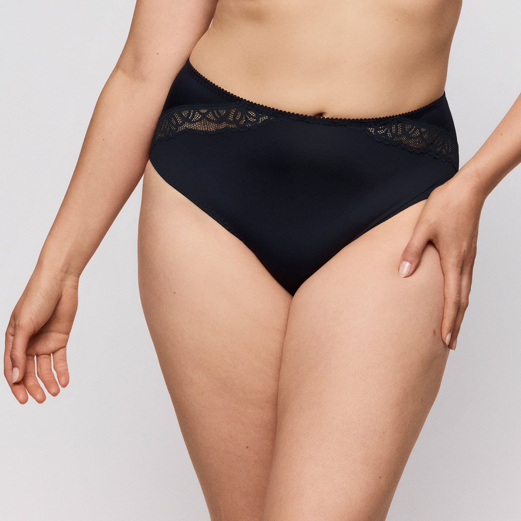 Front view of PrimaDonna Salerno Full Brief in Midnight with lace detail