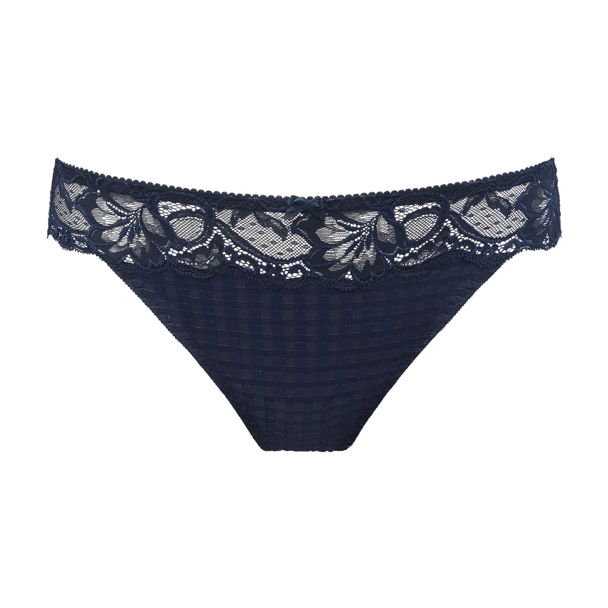 PrimaDonna 066-2125 Madison Thong in navy velvet blue with lurex thread glitter detail. Front view flat lay without model.