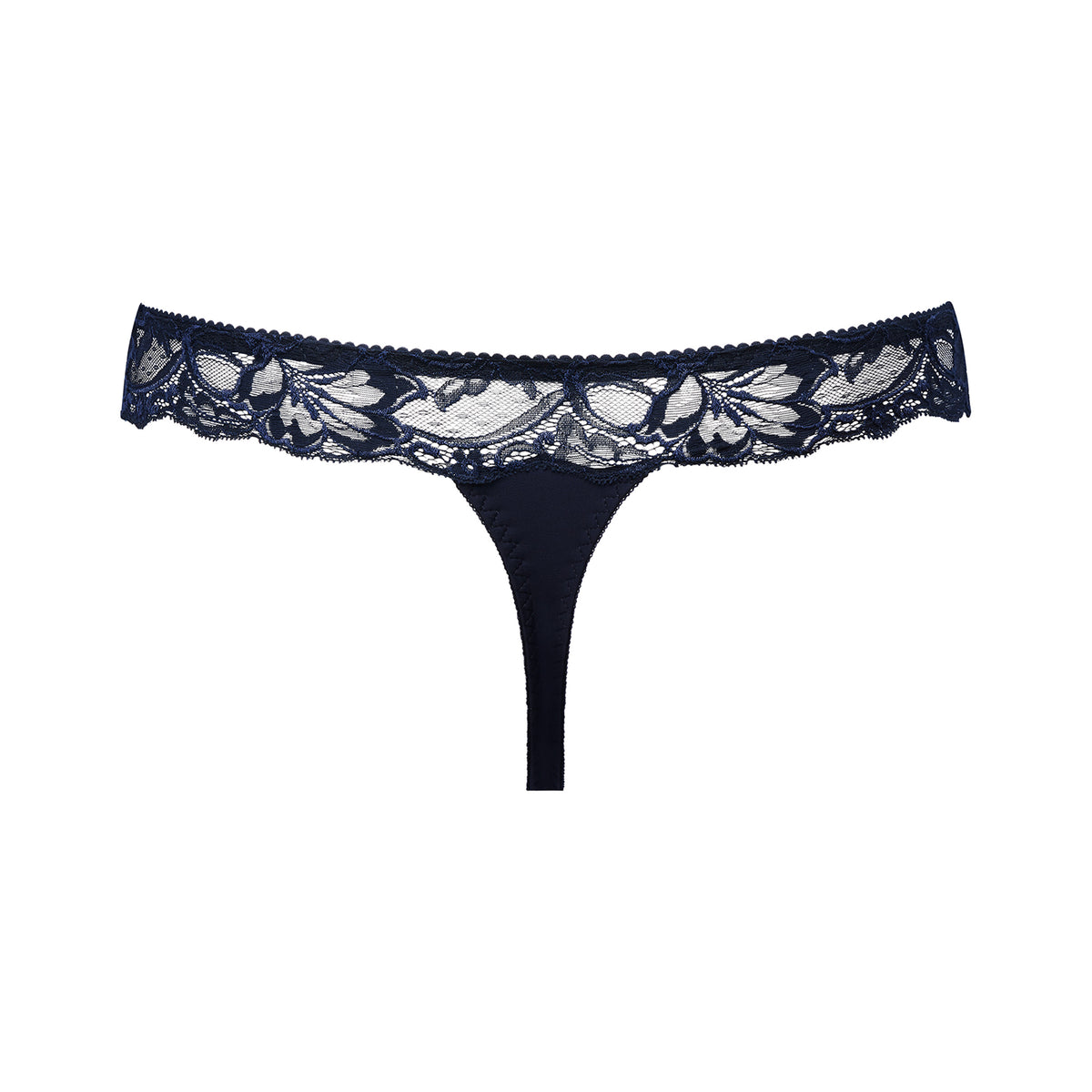 PrimaDonna 066-2125 Madison Thong in navy velvet blue with lurex thread glitter detail. Rear view flat lay without model.