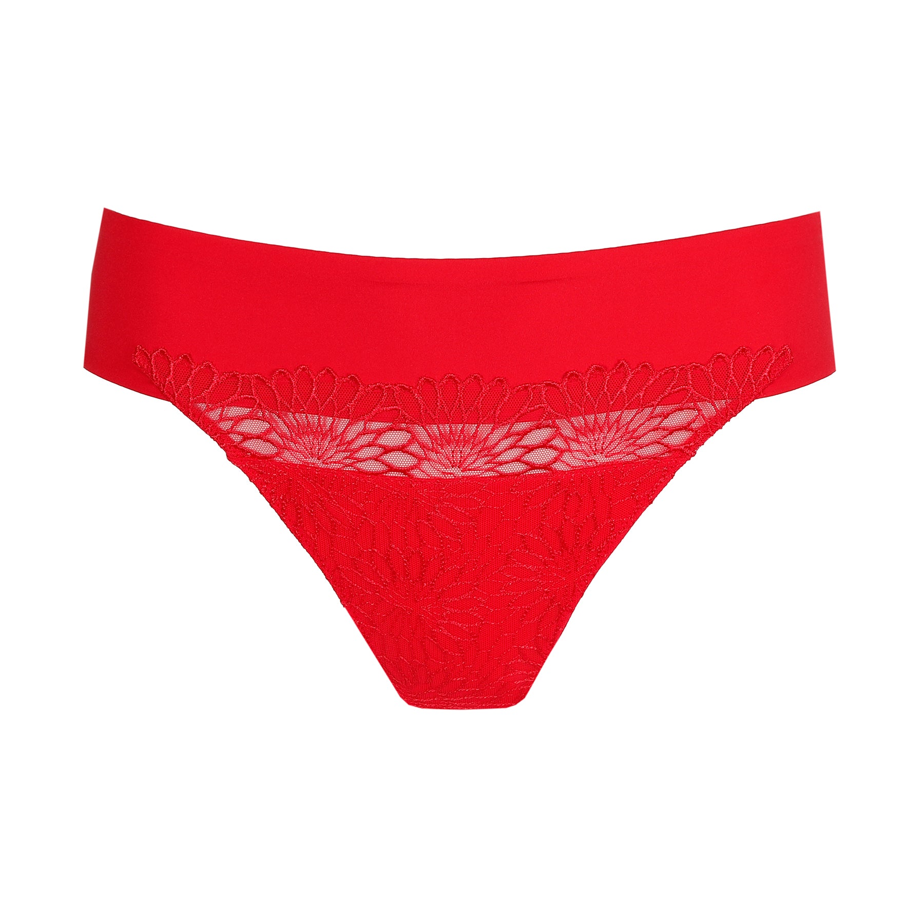 PrimaDonna Sophora thong style 066-3181 in true red with floral lace embroidery and smooth waistband, front view.