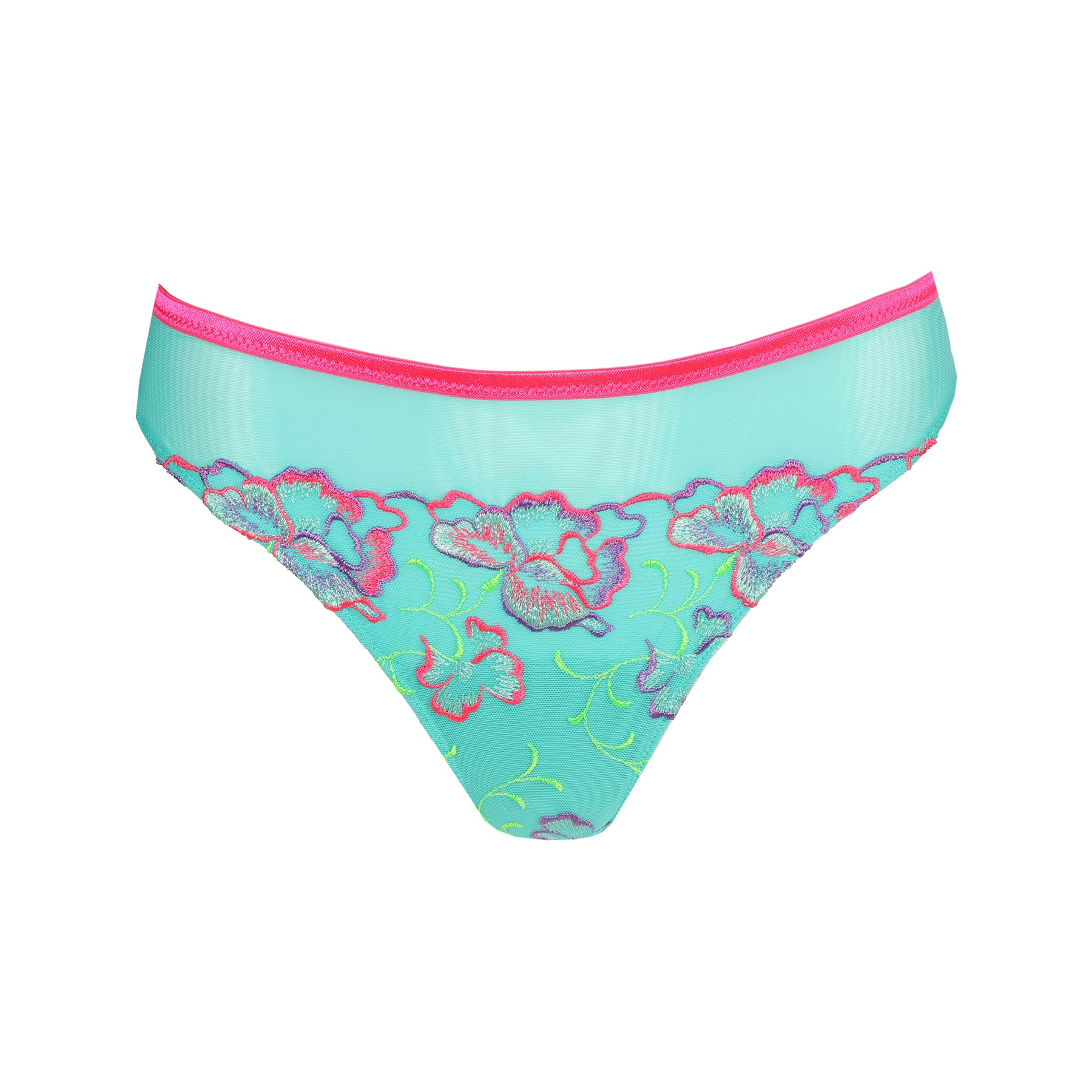 Layflat of PrimaDonna Devdaha Thong in Mermaid – sheer mesh with colourful floral detailing