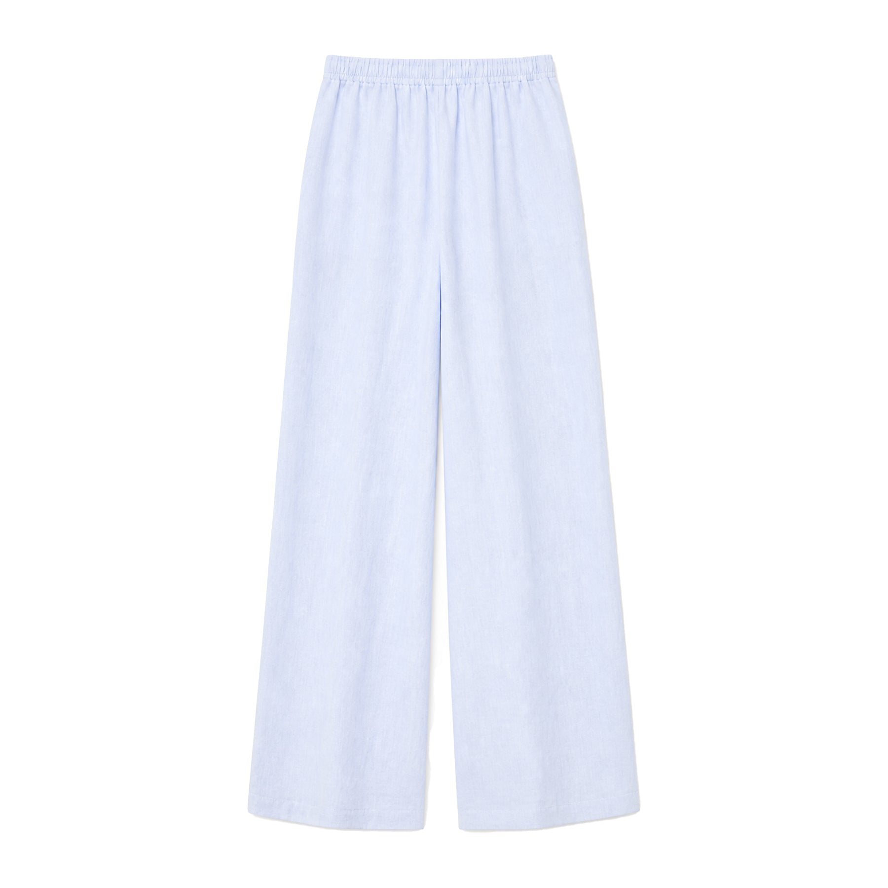 Light blue wide-leg pants flat lay on white background, featuring a relaxed silhouette with an elastic waistband and soft, breathable fabric.