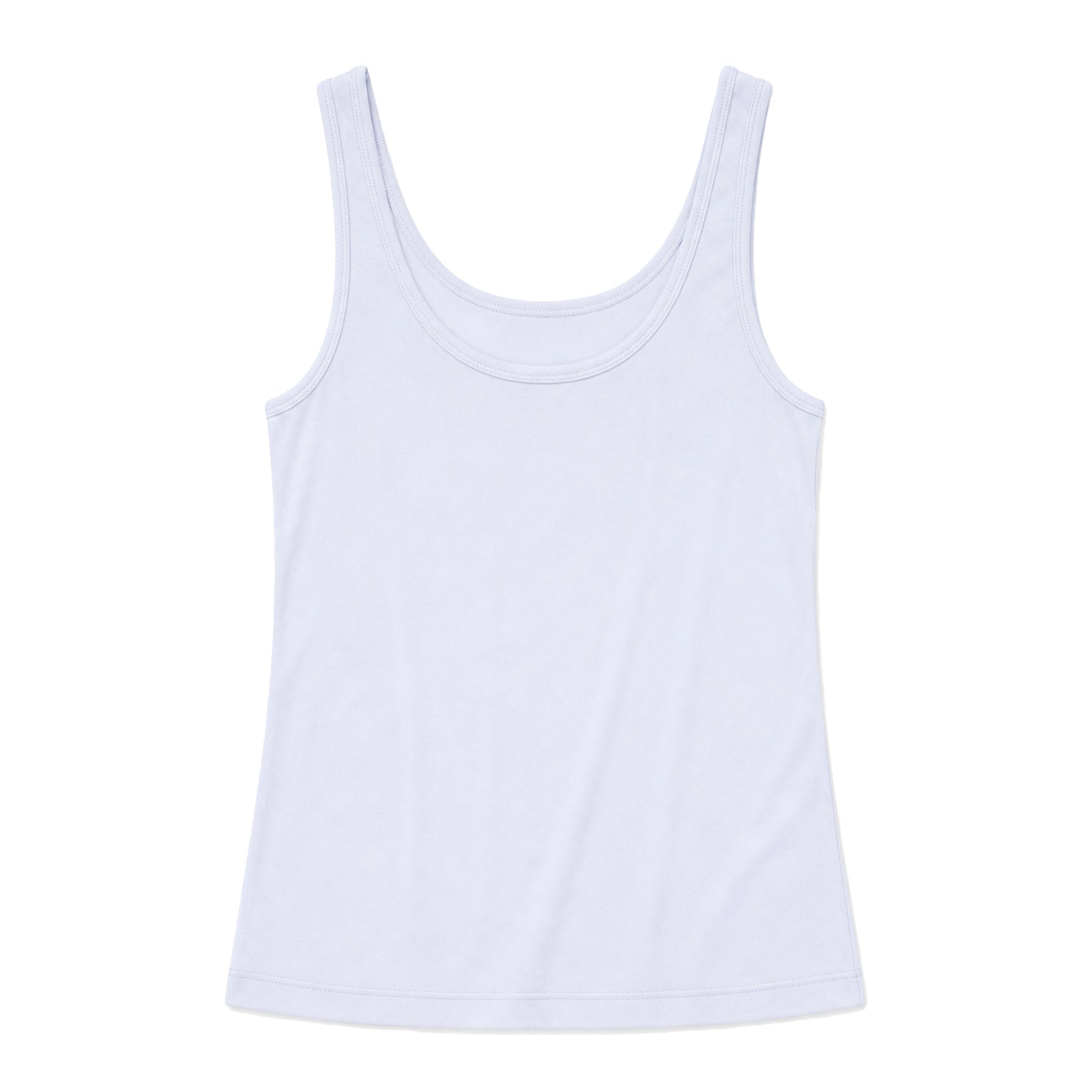 Light blue tank top flat lay on white background, scoop neck and wide straps, clean silhouette in soft stretch fabric.