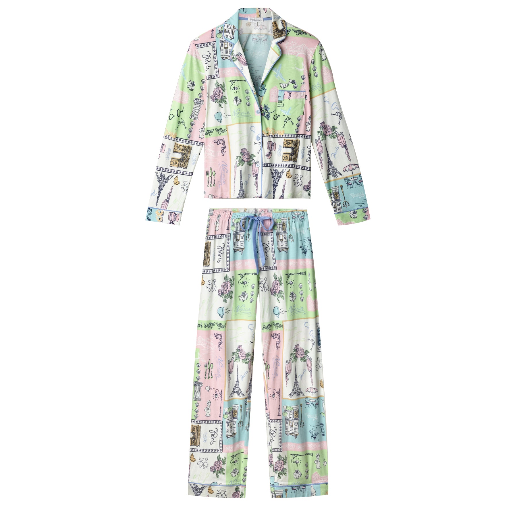 Flat lay of the women’s pastel printed pyjama set with long sleeve button-up top and full-length pants on a white background.