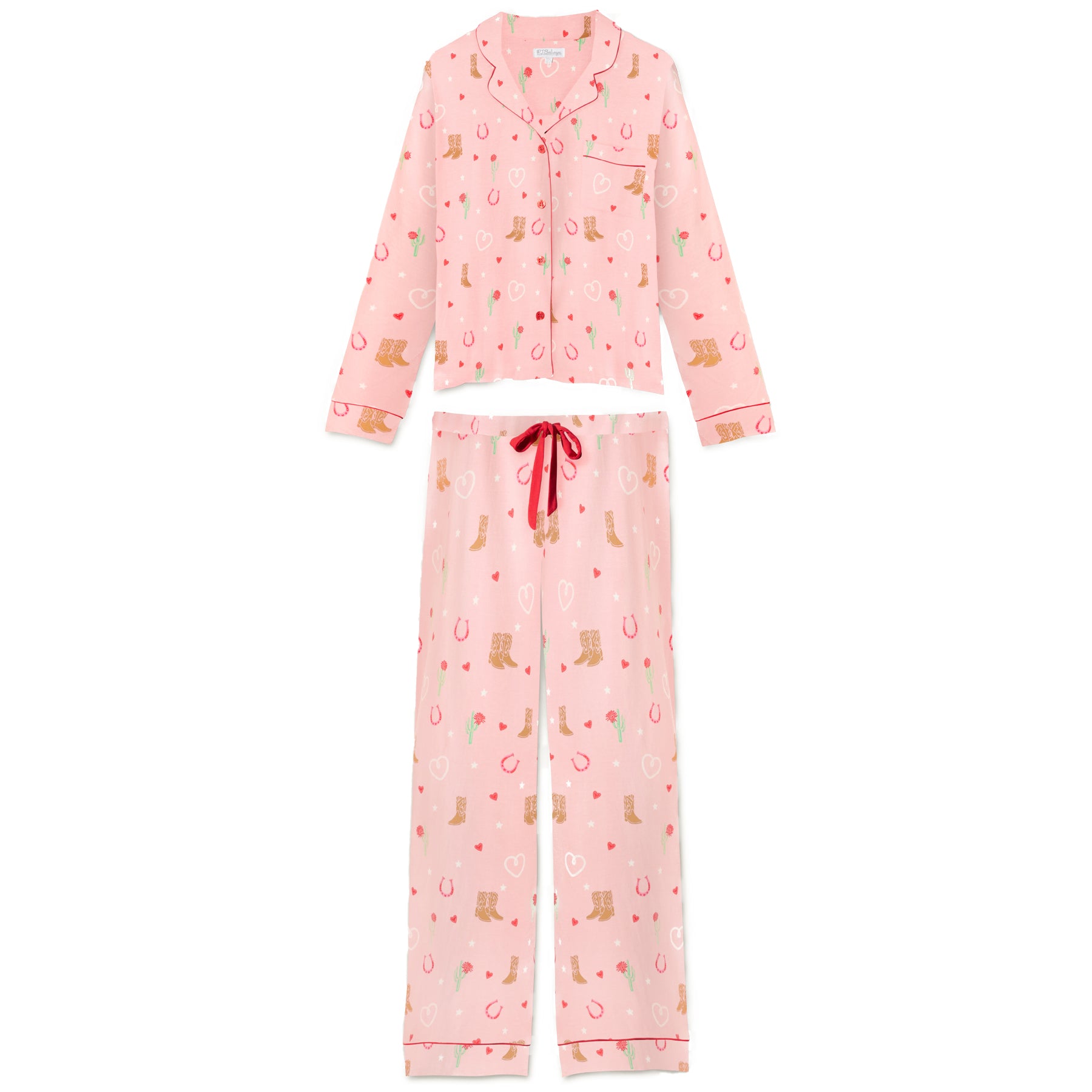Women’s long sleeve pyjama set with button-up top and full-length pants in a pink heart and western-inspired print, flat lay on a white background.