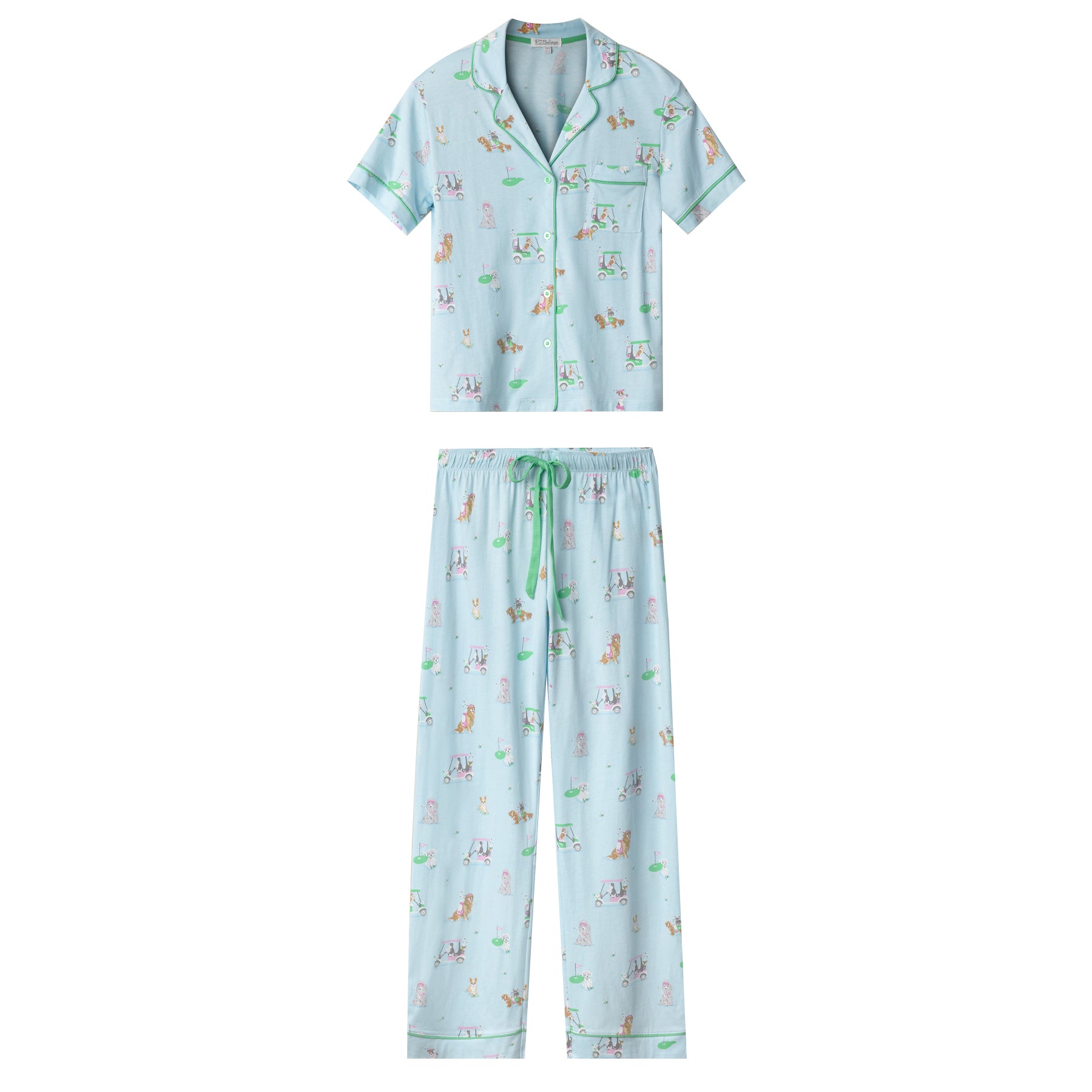 Women’s light blue pyjama set with dog and golf cart print, flat lay product image