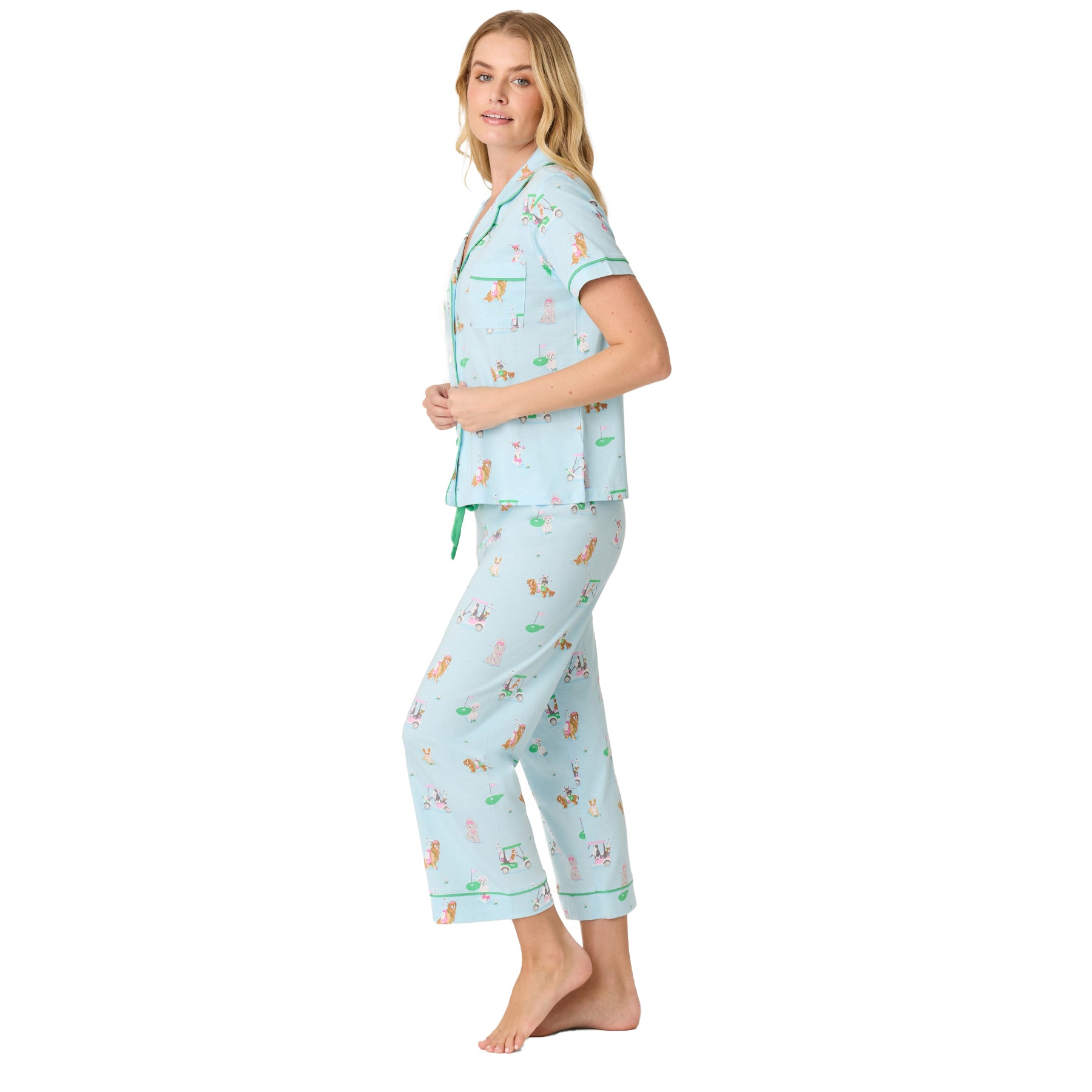 Side view of light blue cropped pyjama set with dog and golf print, relaxed fit