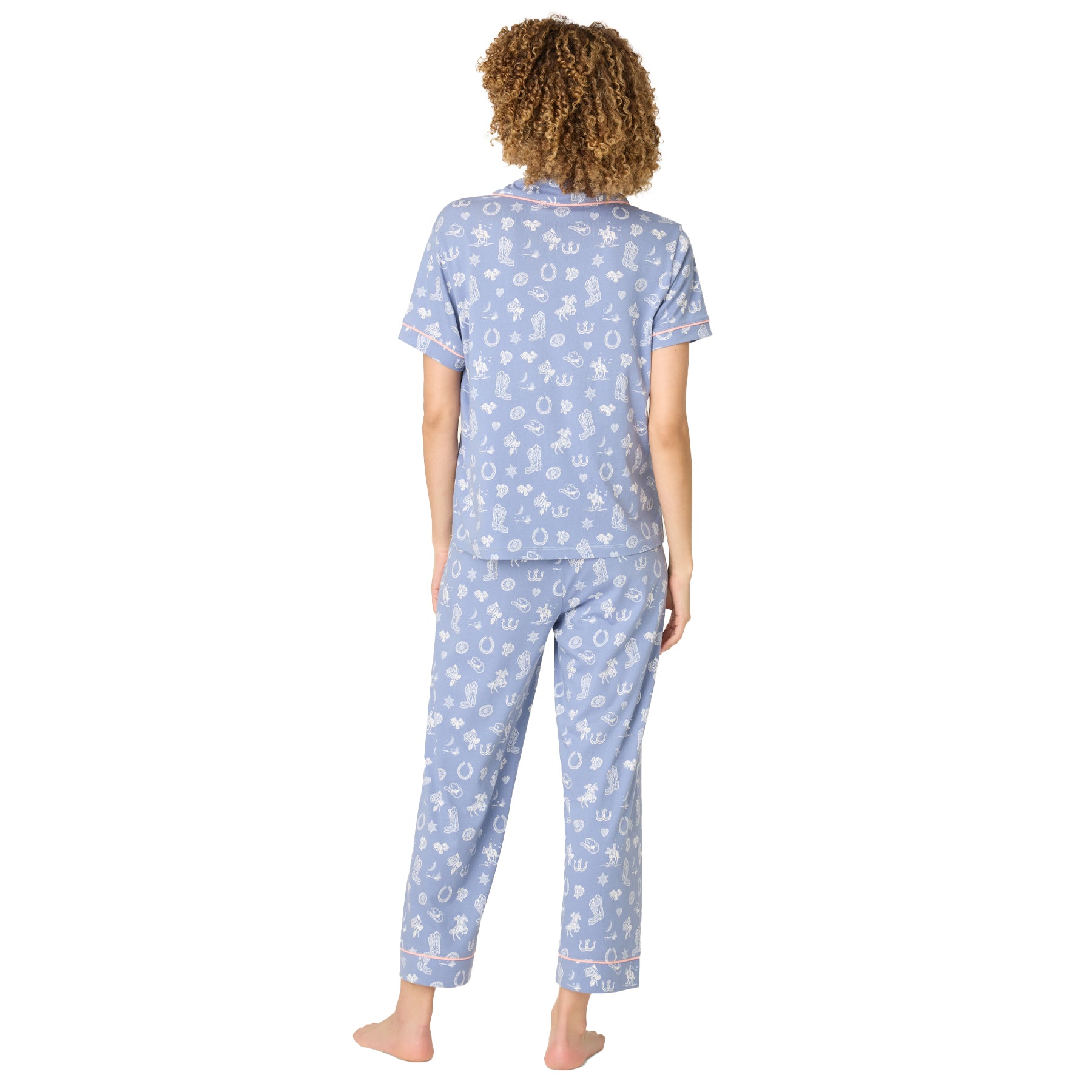 Women’s light blue short sleeve pyjama set with western print, back view