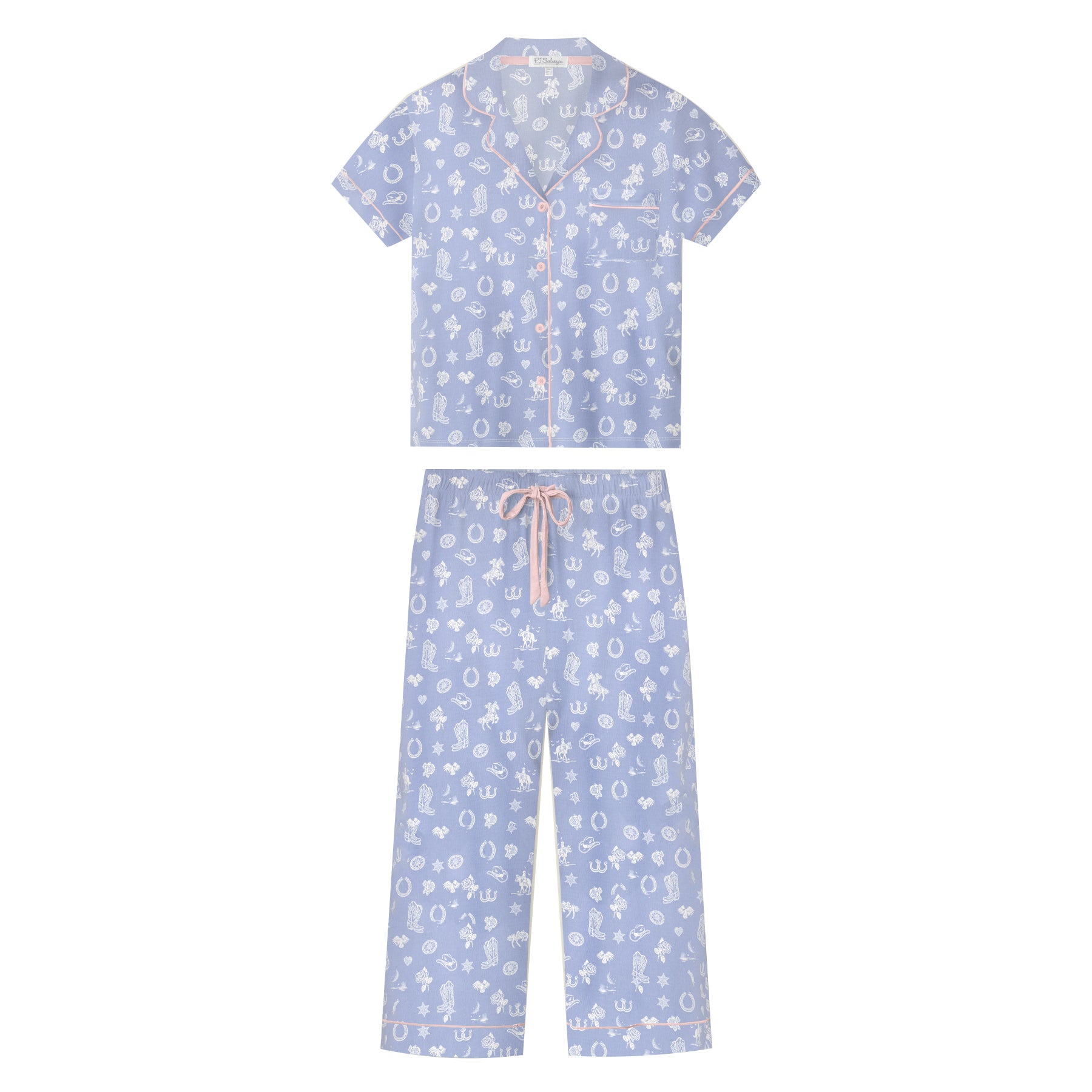 Women’s light blue western print pyjama set with short sleeve top and long pants, flat lay