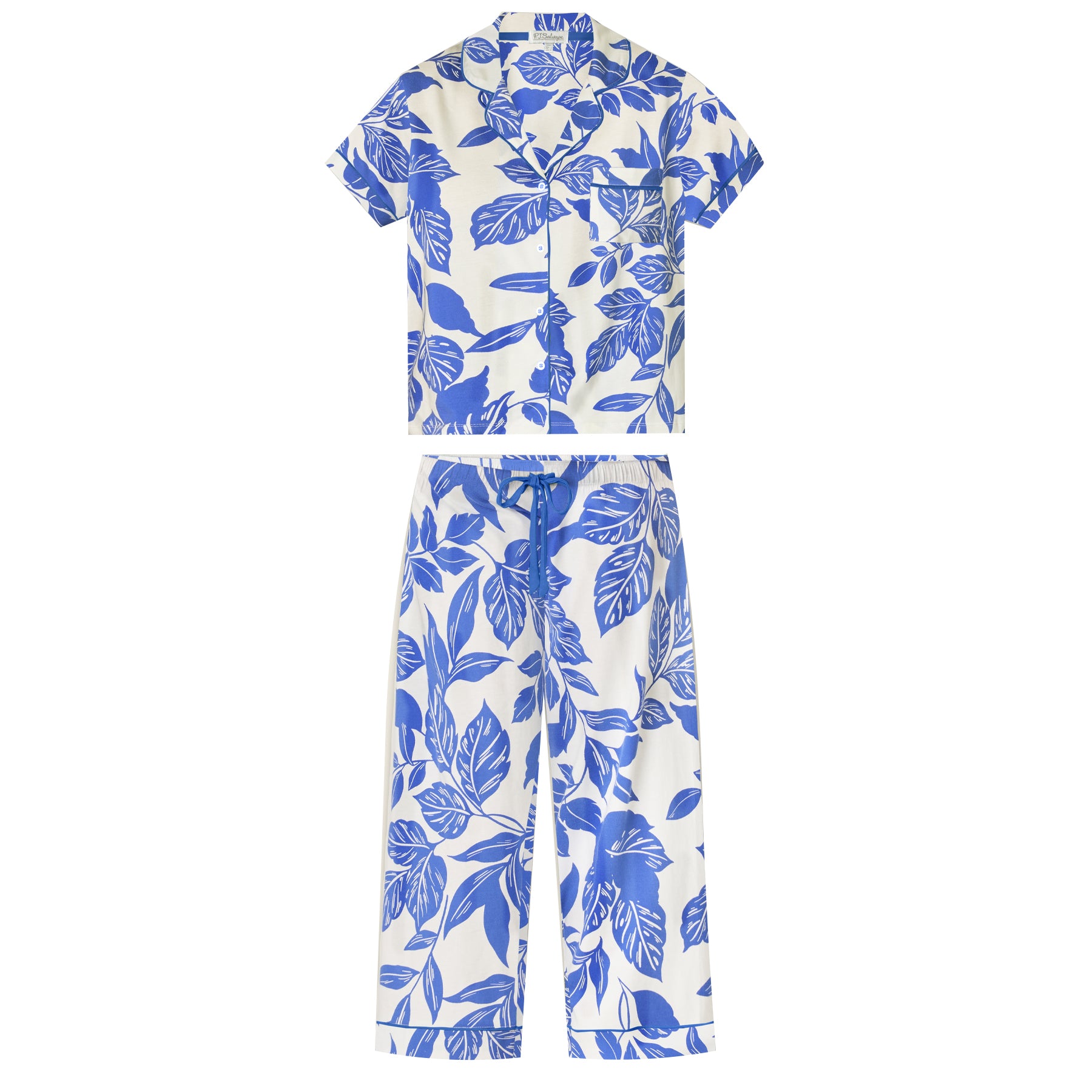 White short sleeve pyjama set with cobalt blue floral print, flat lay product image