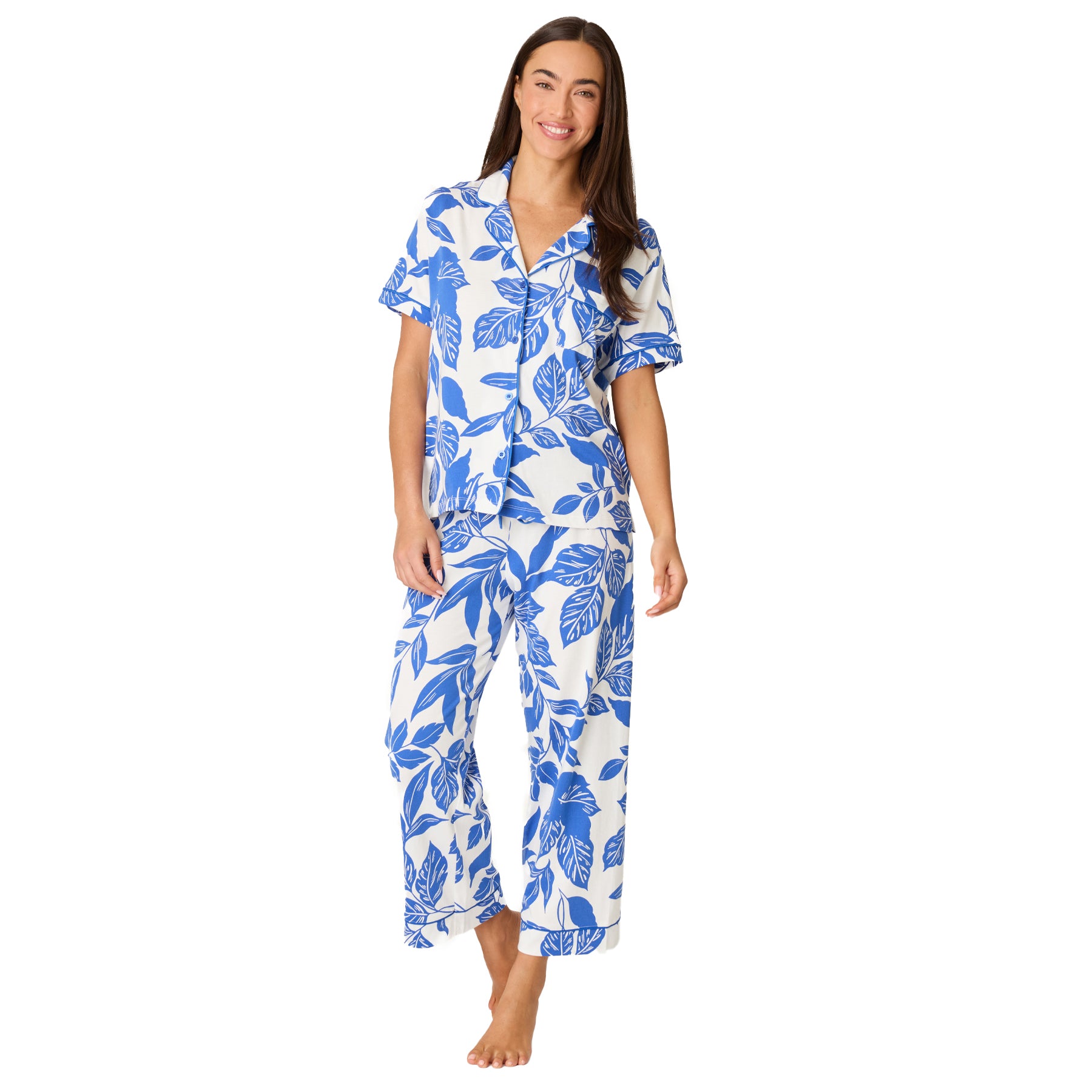 Women’s white and cobalt blue floral pyjama set with button-front top and cropped pants, front view
