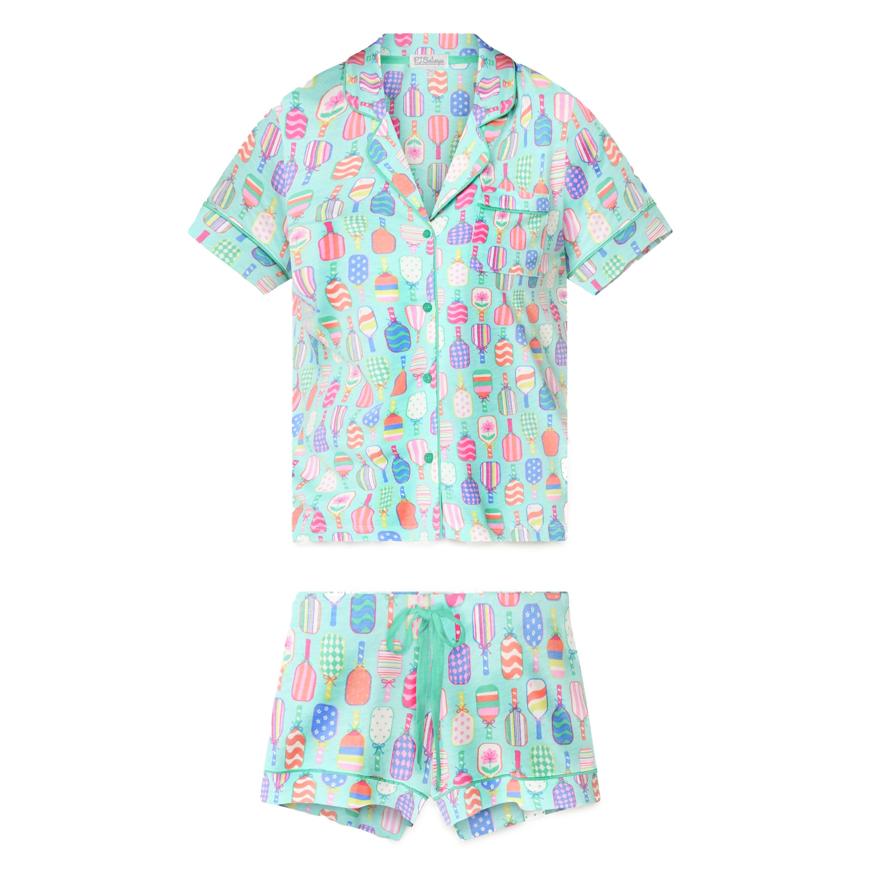 Mint green women’s short sleeve pyjama set with colourful pickleball paddle print, flat lay product image