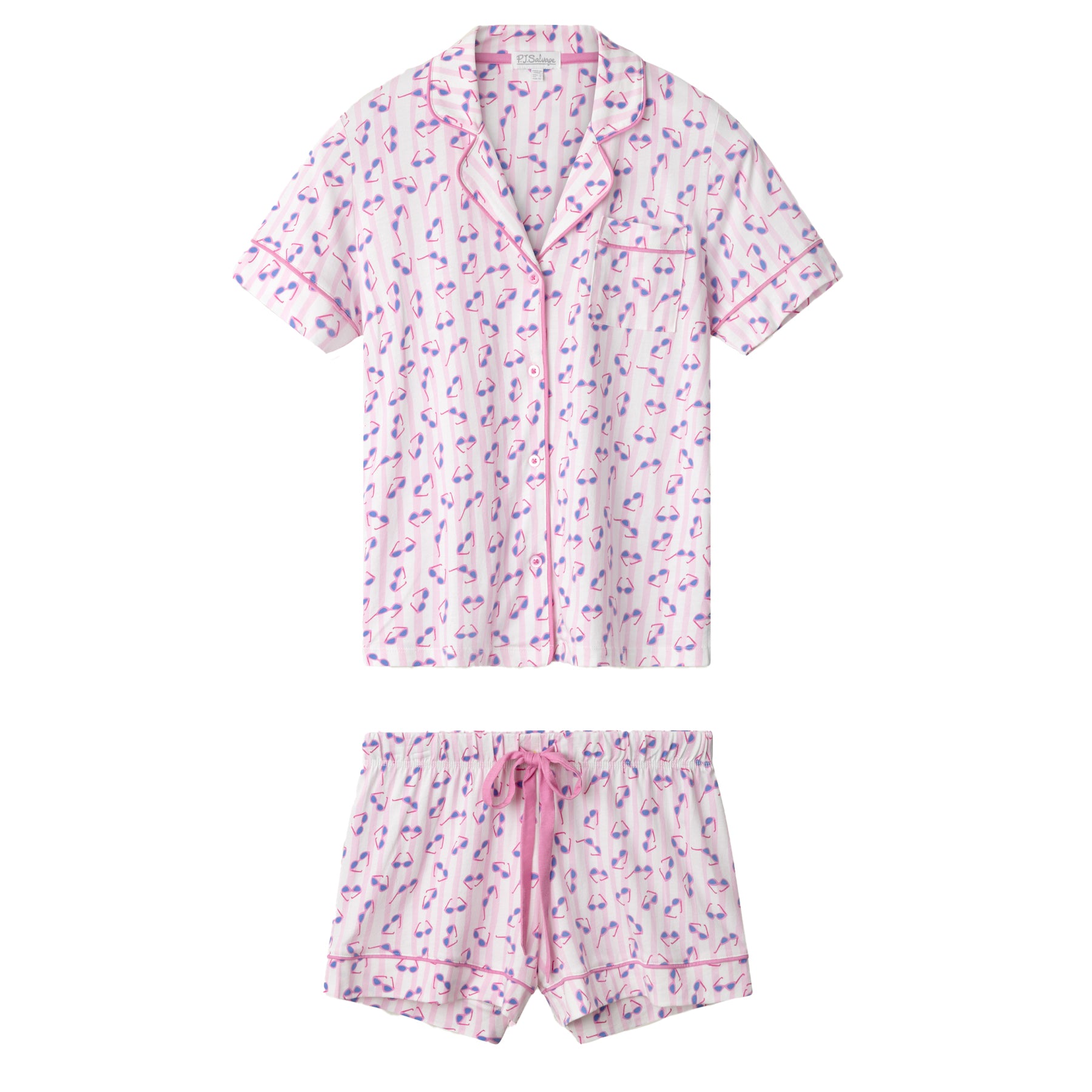 Light pink striped pyjama set with sunglasses print, flat lay product image