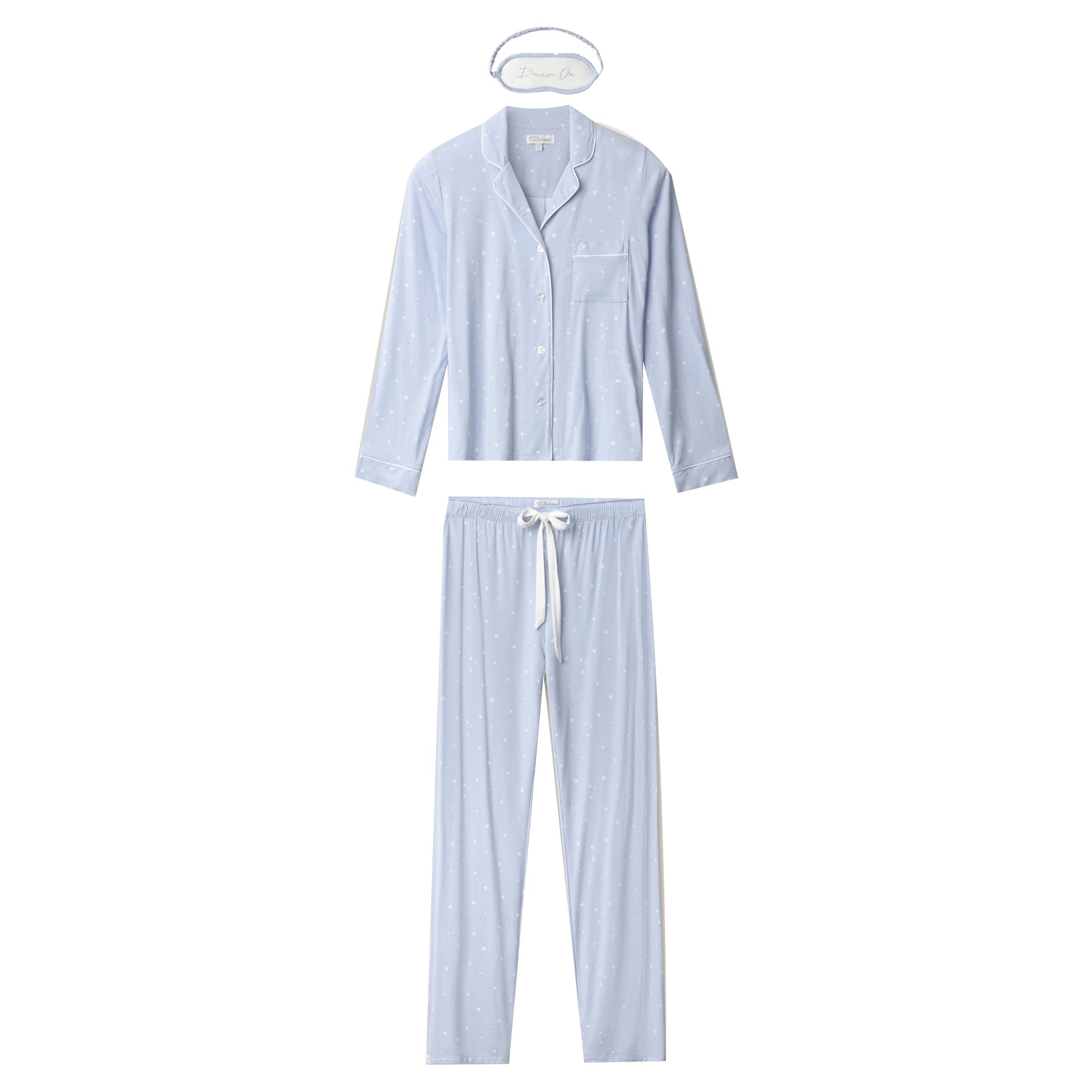 Baby blue pyjama set with long sleeve button-up top, drawstring pants and matching sleep mask with star print