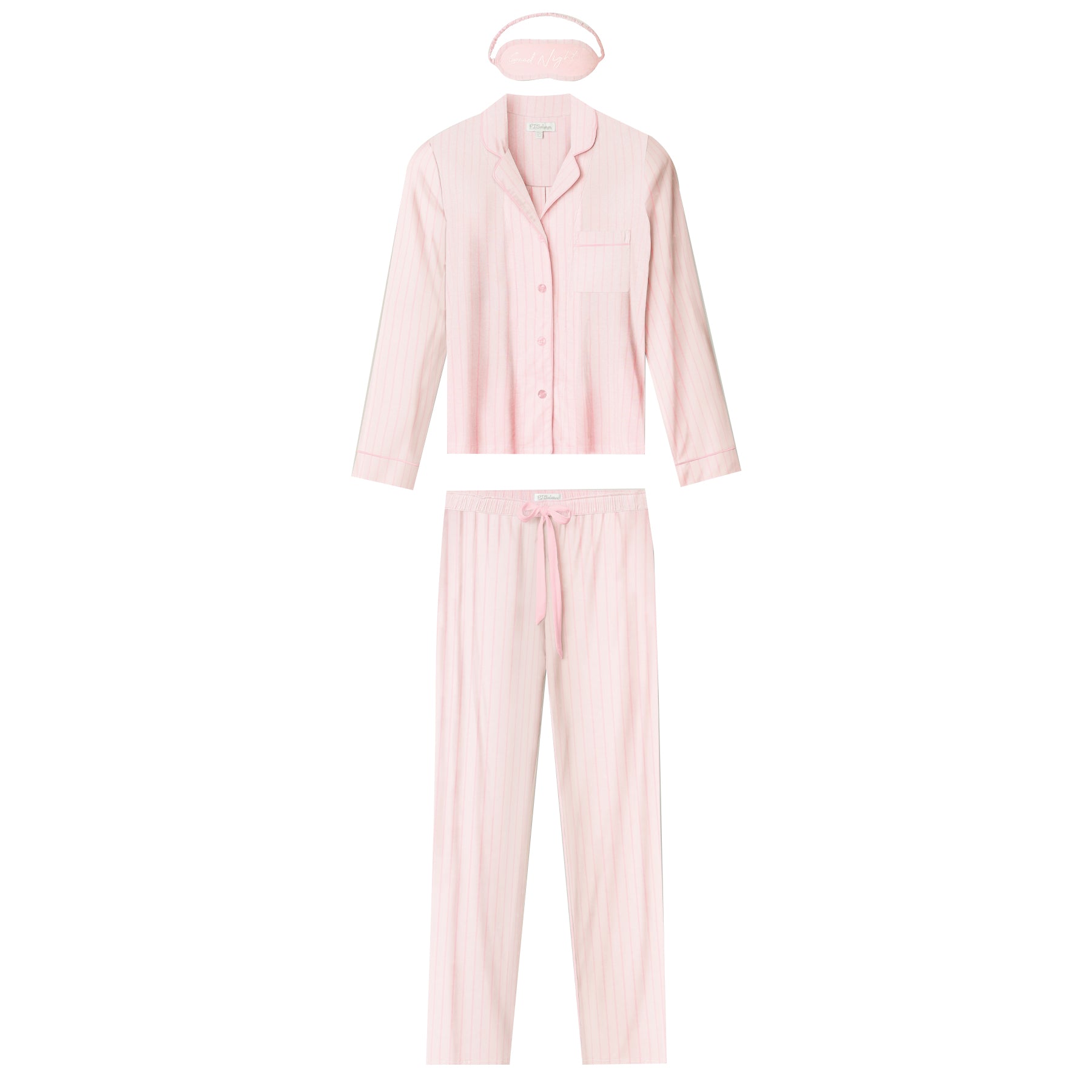Ballet pink striped pyjama set with long sleeve button-up top, drawstring pants and matching sleep mask