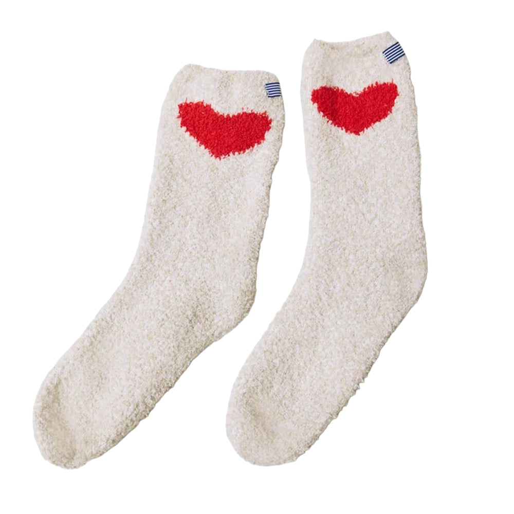 Splendid Oat Heather Hearts cozy crew socks in soft oatmeal-coloured plush fabric, featuring bright red heart designs near the cuffs.