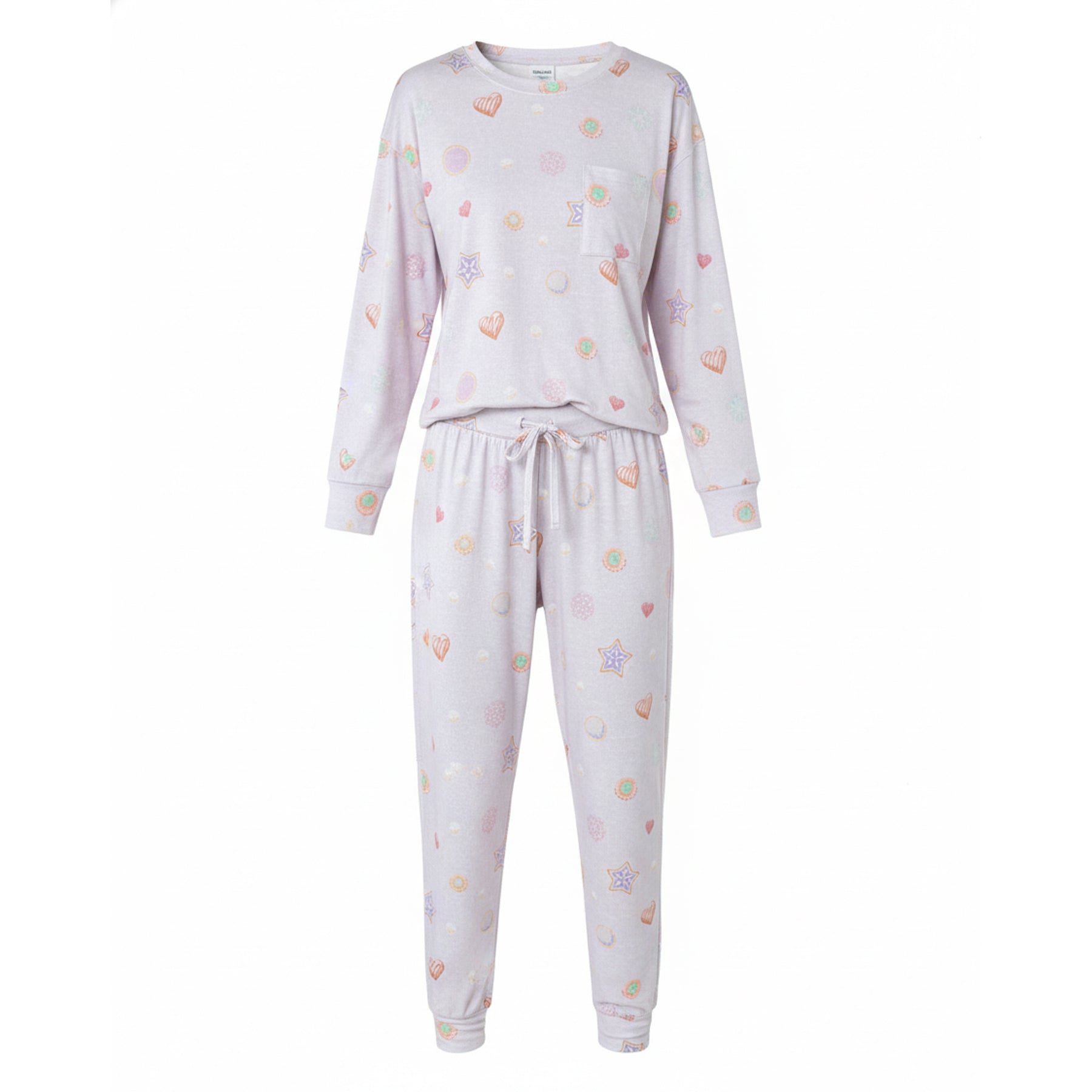 Flat lay of lilac candy-print pajama set with long sleeves and drawstring pants on white background.