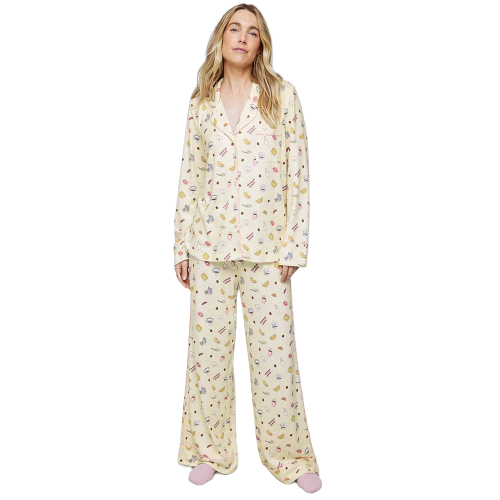 Splendid Pillowsoft women's long-sleeve pajama set with relaxed button-up shirt and matching wide-leg pants in cream breakfast print.