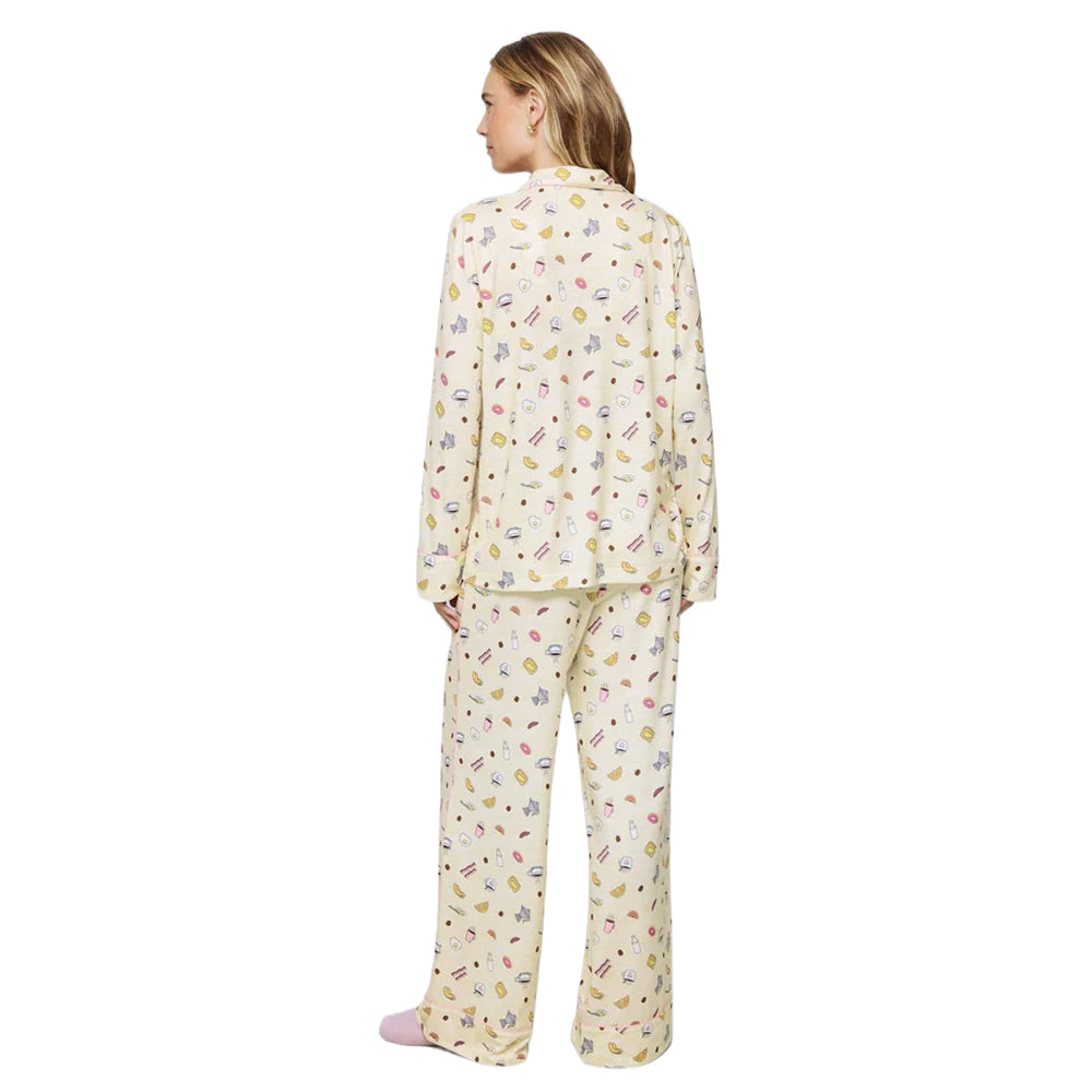 Back view of Splendid Pillowsoft women's pajama set featuring a relaxed long-sleeve top and matching full-length pants in playful breakfast print.